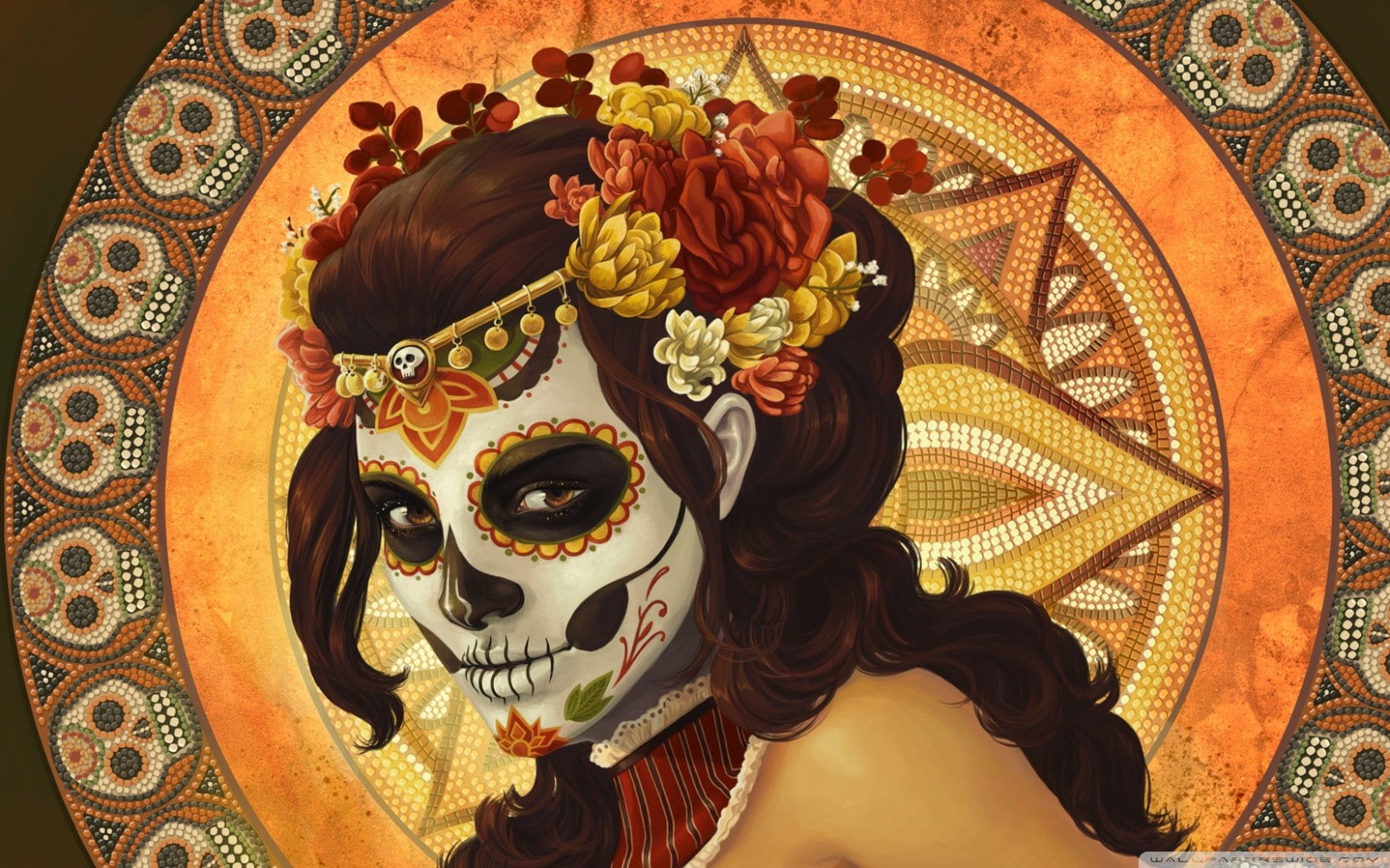 brunette, face paint, flowers, skull, Dia de los Muertos, mosaic, catrina, pattern, flower in hair, women, Sugar Skull, spooky, painting, fantasy art, Mexico, HD Wallpaper