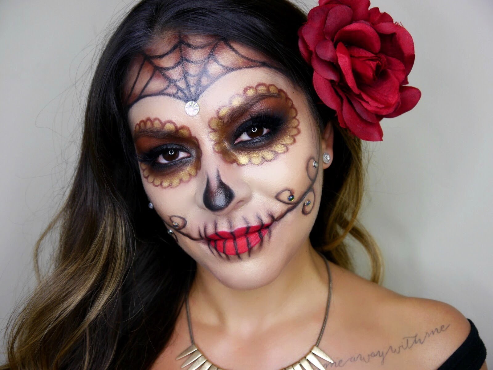 paint, face paint, front view, hairstyle, 720P, rose - flower, headshot, looking at camera, lipstick, hair, flower in hair, women, make-up, Dia de los Muertos, HD Wallpaper