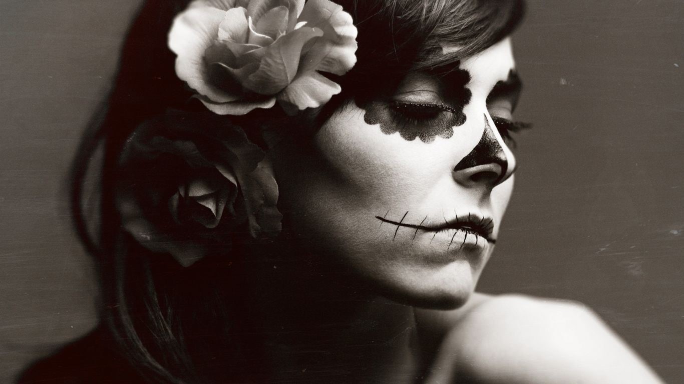 human face, face, flower, 720P, creativity, indoors, bizarre, digital composite, close-up, portrait, flowering plant, human body part, adult, one person, HD Wallpaper