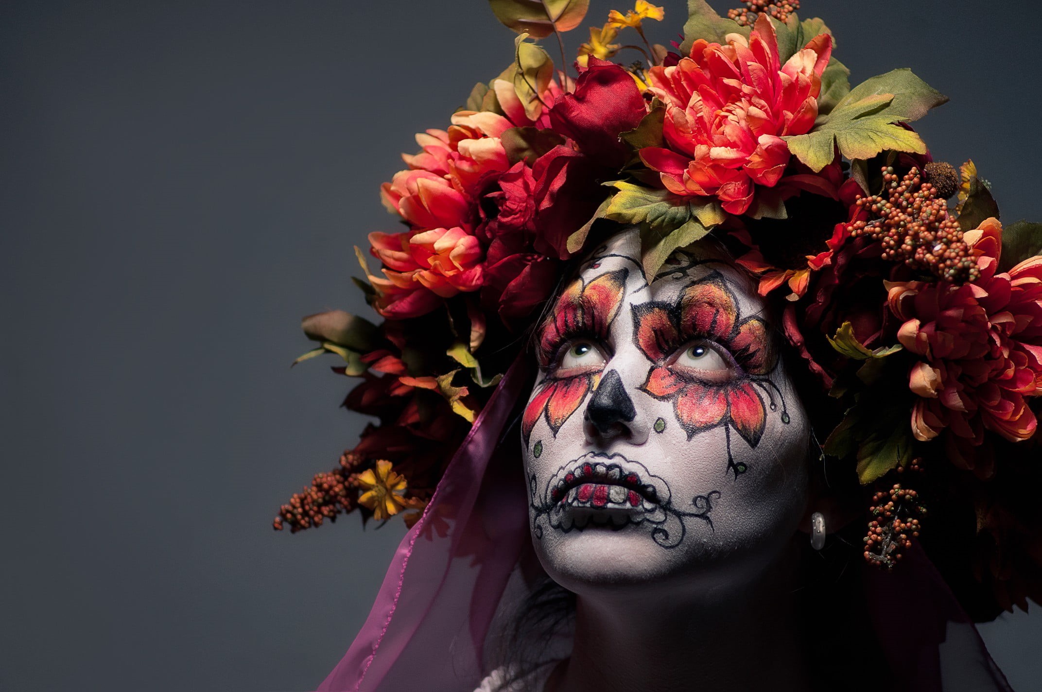 inflorescence, front view, face paint, flower head, Dia de los Muertos, fragility, model, nature, headshot, make-up, portrait, creativity, 1080P, beauty in nature, HD Wallpaper