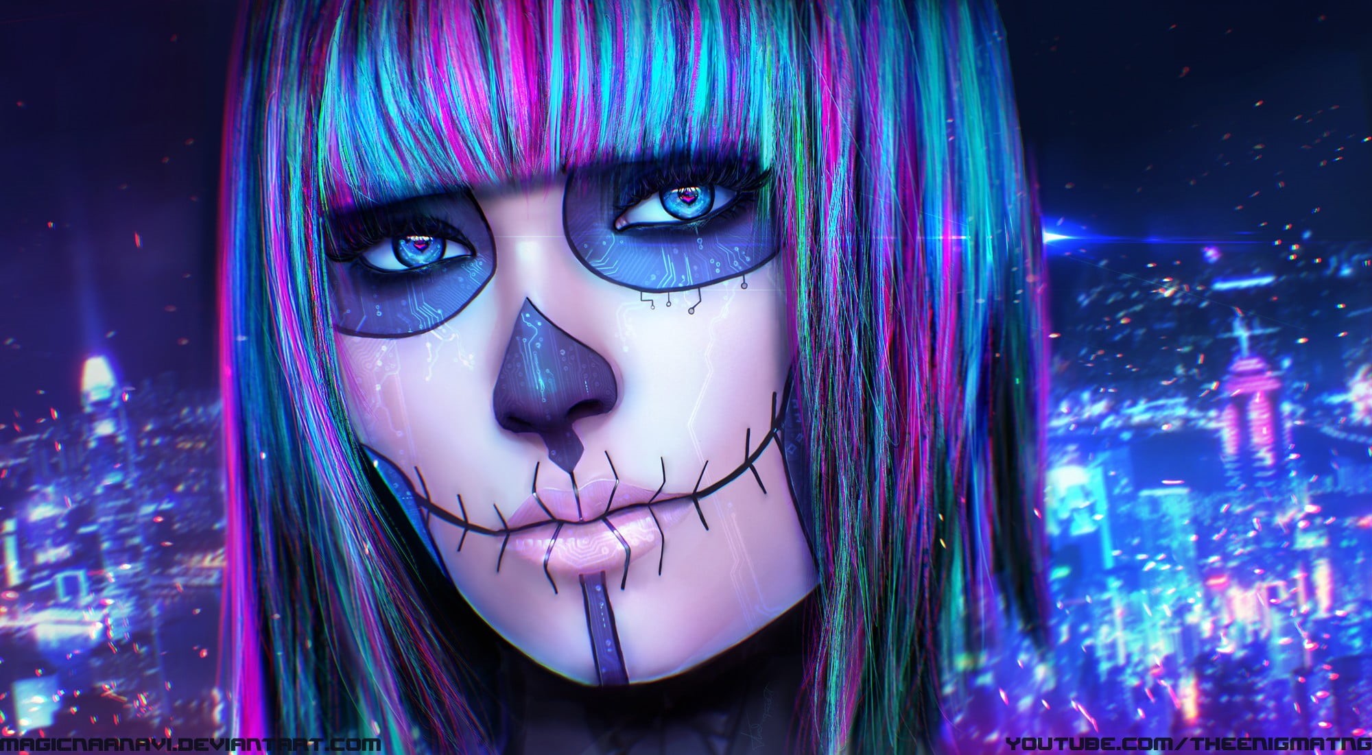 young adult, neon colored, headshot, digital art, dyed hair, beautiful woman, neon, young women, 1080P, human body part, beauty, make-up, hairstyle, fantasy art, HD Wallpaper