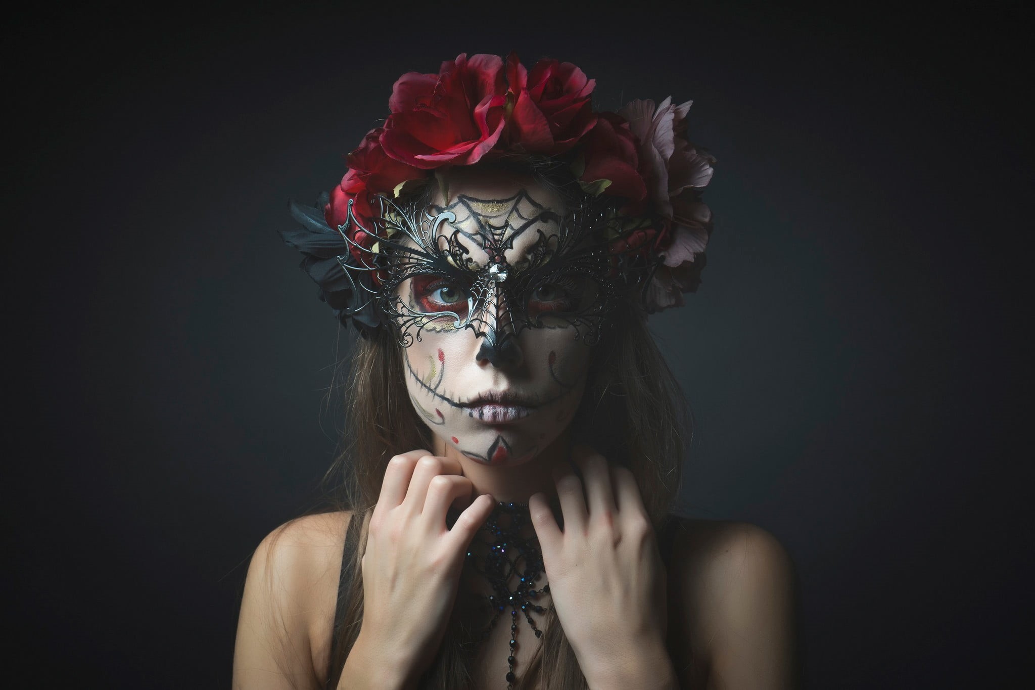 front view, face, headshot, face paint, beauty in nature, make-up, disguise, rose - flower, one person, black background, lifestyles, beautiful woman, skull, HD Wallpaper