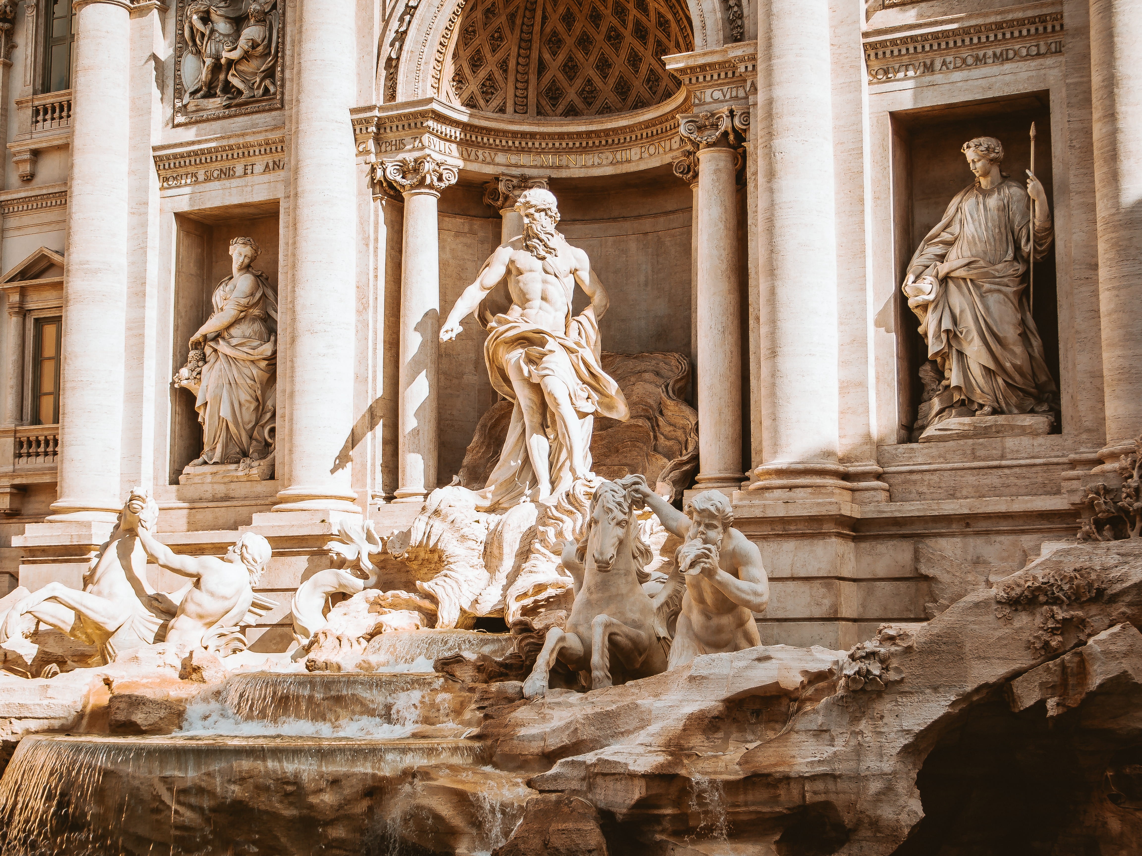 art and craft, famou, roma, representation, trevi fountain, the past, trevi, poseidon, people, statue, 4K, human representation, male likeness, city, creativity, HD Wallpaper