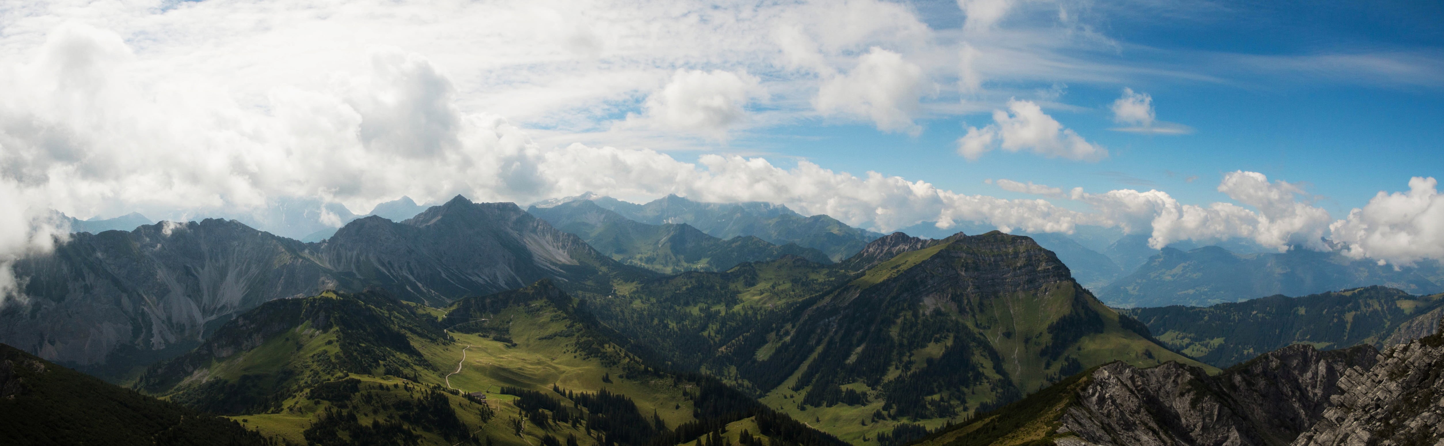 mountain Range, scenics, panorama, cloud, mountain Peak, clear, green, grassland, photo, landscape, meadow, alps, Liechtenstein, mountain, grass, covered, HD Wallpaper