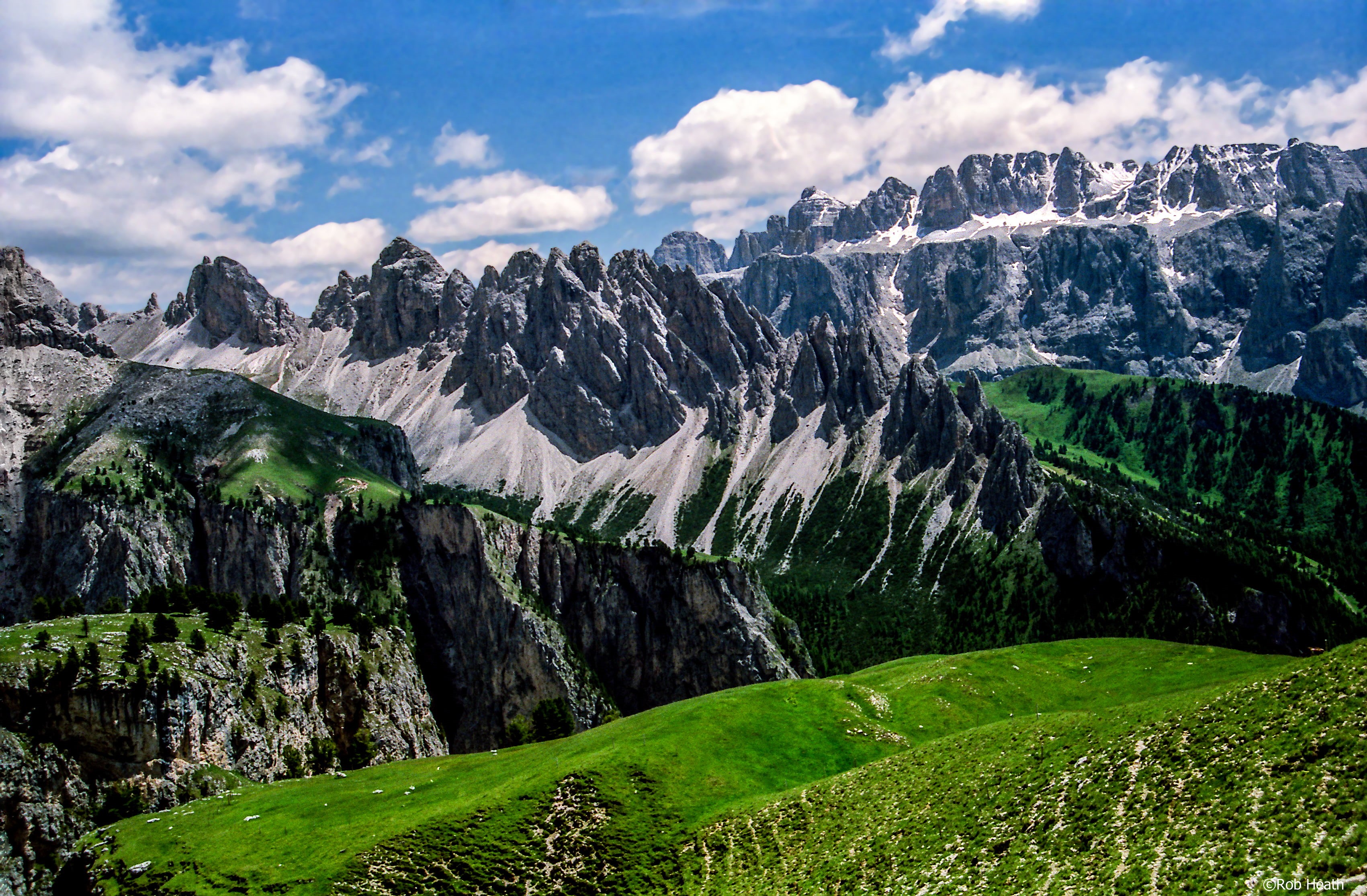 sky, clear, 2K, green Color, vista, mountain, scenic, hills, snowy, mountains, panorama, Dolomites, europe, scenery, sky  Italy, ridge, outdoors, snowy mountains, HD Wallpaper