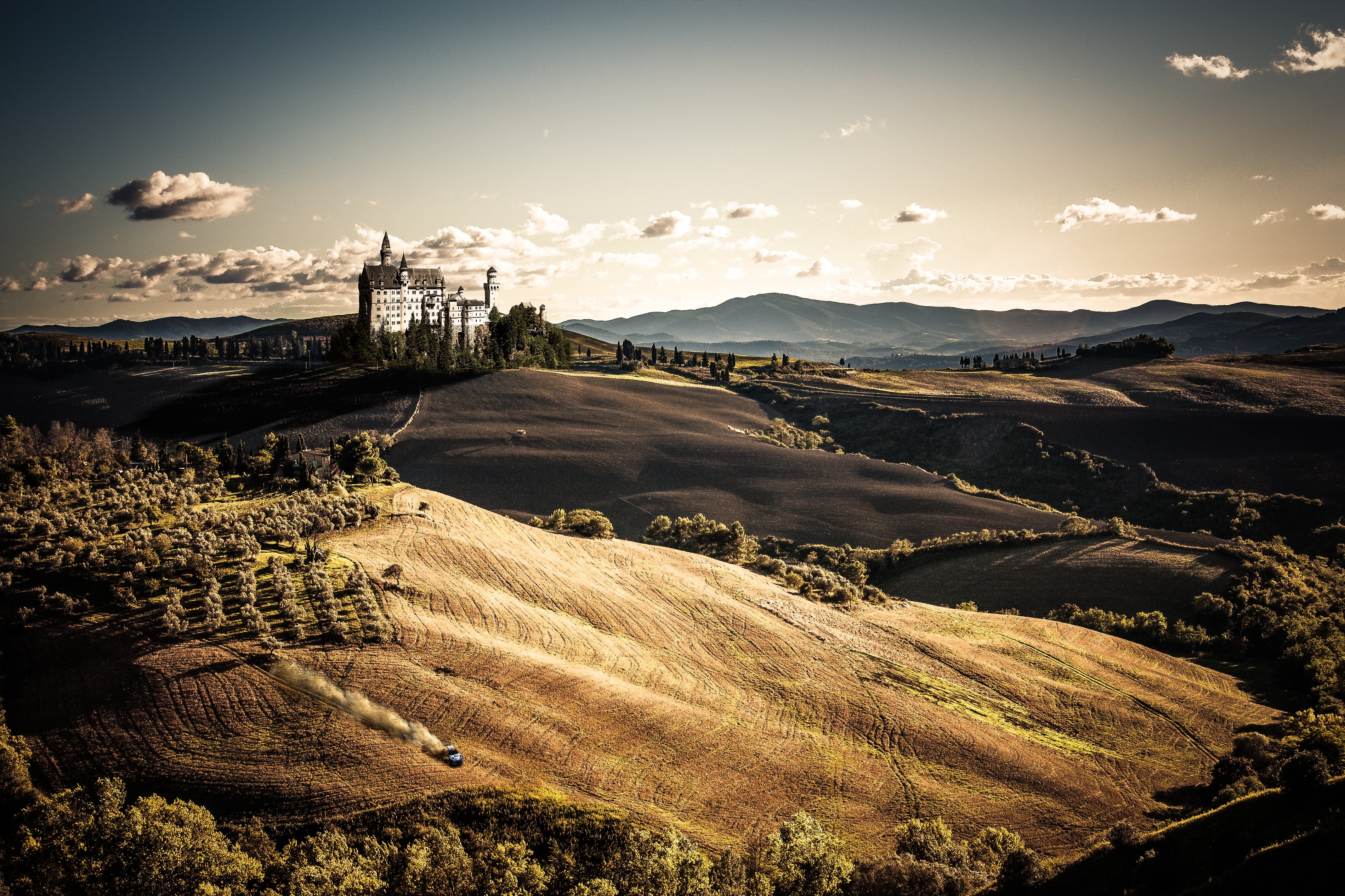Rally, sunrise - Dawn, europe, Italia, summer, day, Toscana, field, hill, sky, outdoors, rural Scene, time, nature, sunset, val dOrcia, Canon  450D, cypress Tree, HD Wallpaper