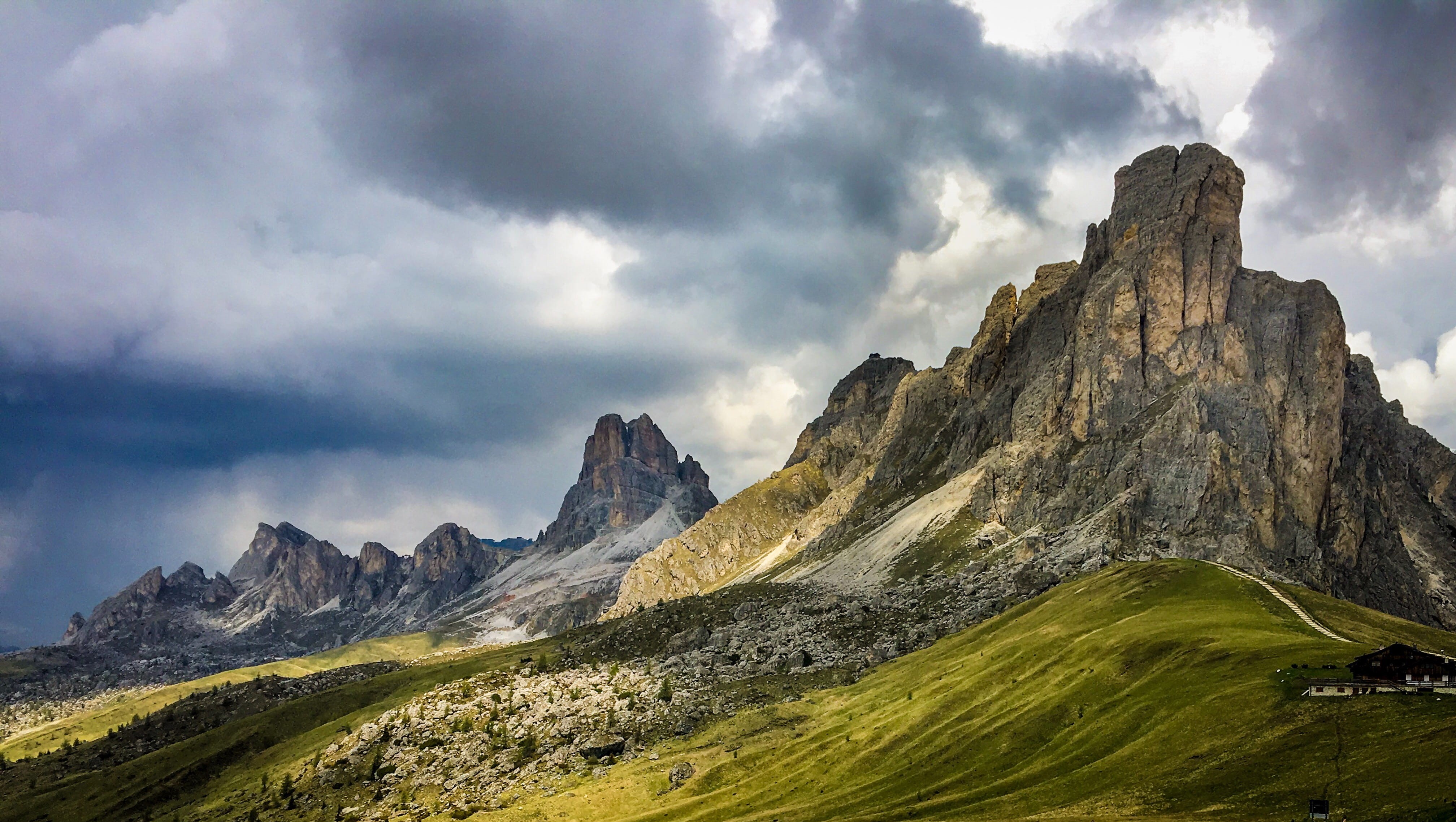 shadow, rock - Object, nature, land, summer, South tyrol, dolomites, travel, brown, mountain Range, meadow, environment, scenics, mountain Peak, cloudy, HD Wallpaper