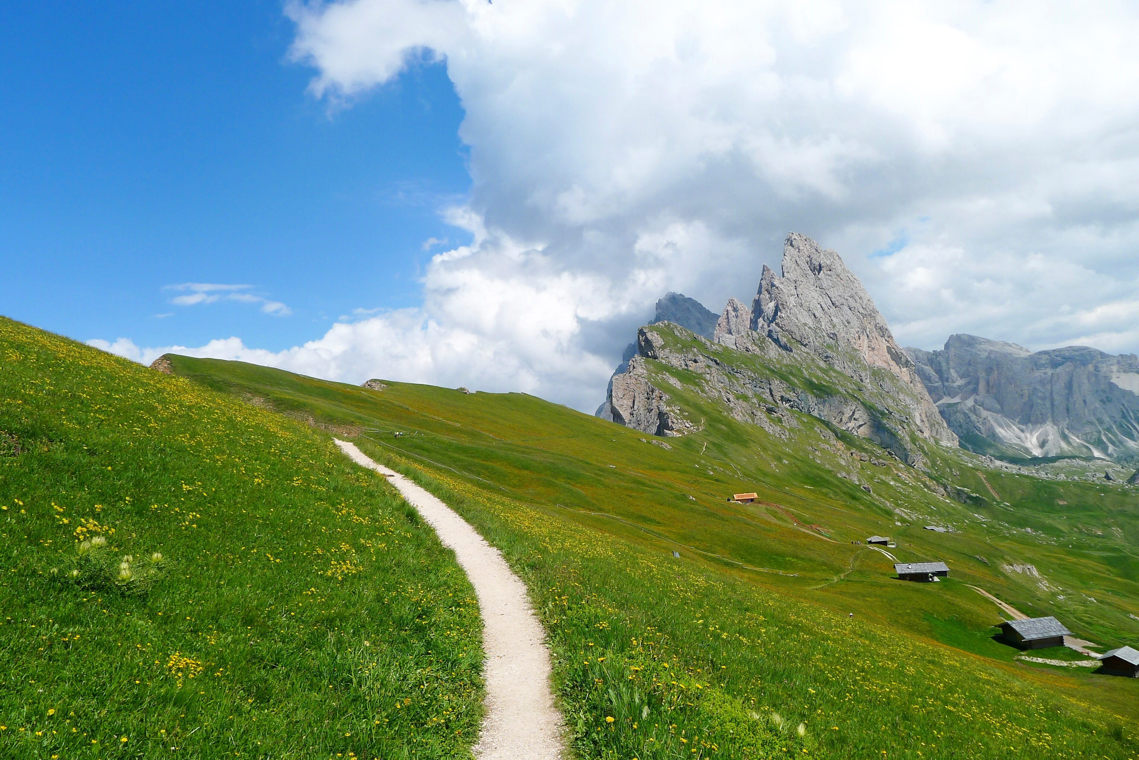 cloud - Sky, alpine panorama, field, tranquil scene, plant, rural Scene, environment, Mountains, european Alps, sky, grass, day, tranquility, Alm, mountain Peak, HD Wallpaper