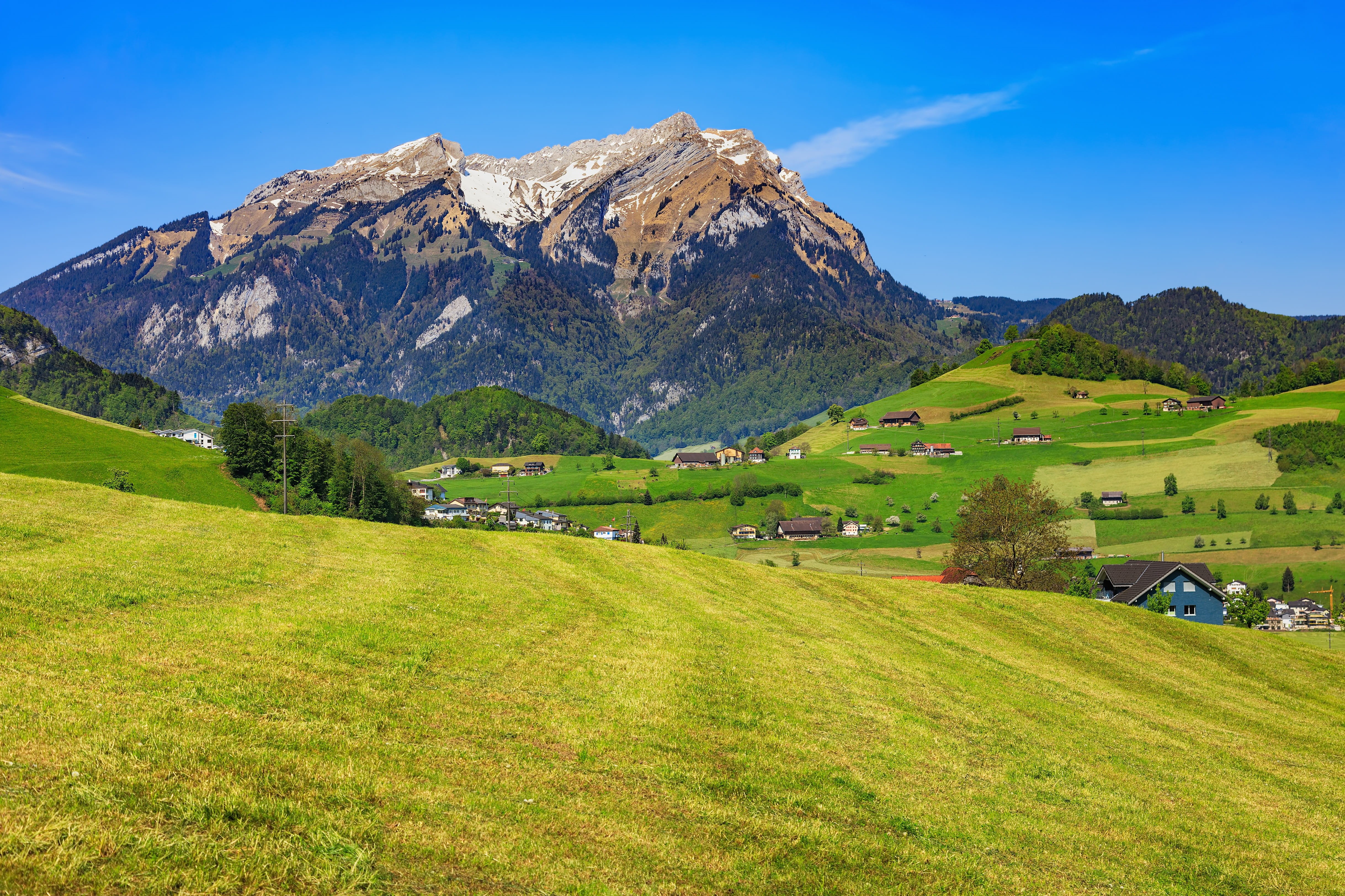 travel, mountain peak, village, nidwalden, pilatus, architecture, travel destinations, cloud, alps, meadow, building, green, agriculture, switzerland, european, HD Wallpaper