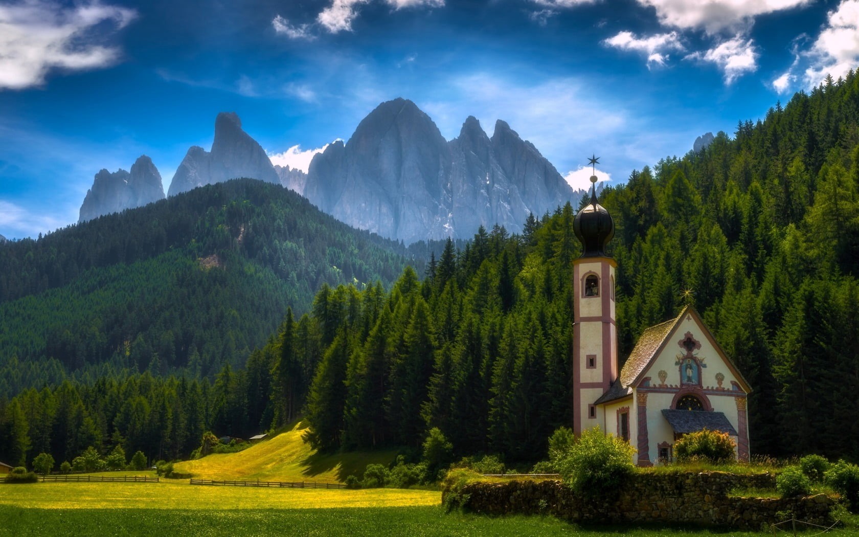 built structure, non-Urban Scene, architecture, dolomites, italy, mountain, church, european Alps, rock - Object, switzerland, grass, land, idyllic, alto Adige, HD Wallpaper