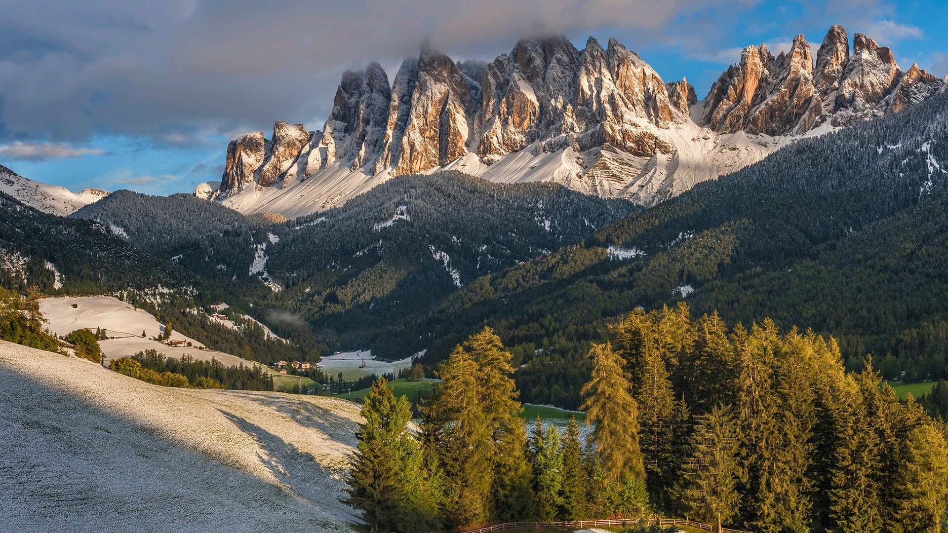 villnoss, europe, 1080P, selva di val gardena, snow, south tyrol, villnoess, dolomites, valley, val di funes, selva, italy, funes valley, funes, bolzano, HD Wallpaper