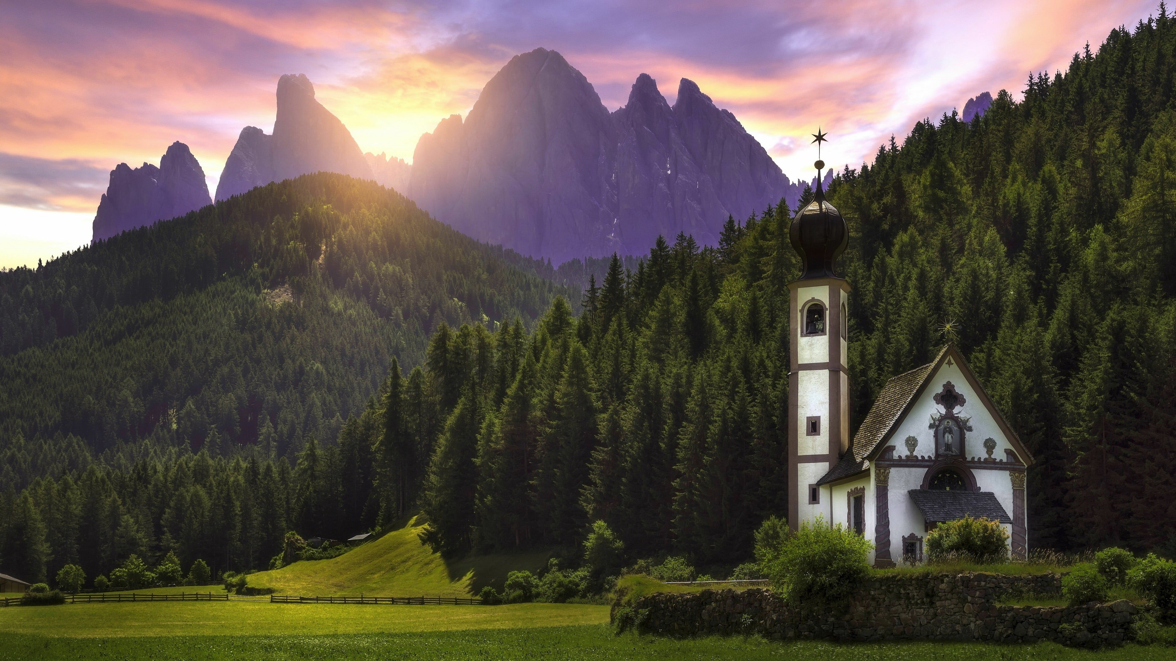 mountain, villnoss, ranui, cloud - sky, tree, cloud, nature, kirche st johann in ranui, europe, funes, kirche st. johann in ranui, 4K, idyllic, bolzano, HD Wallpaper