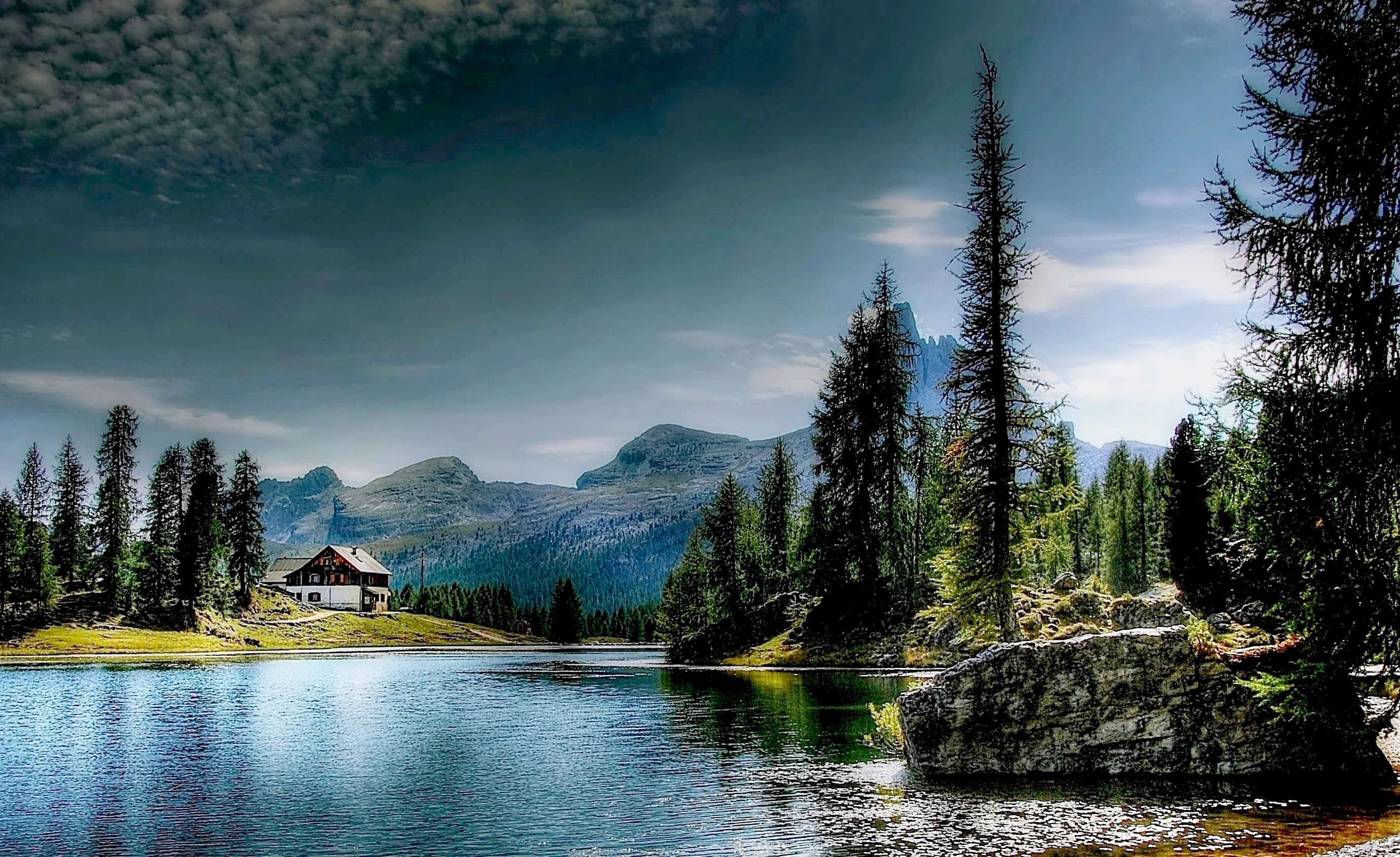 coniferous tree, alm, hiking, leaf, blue, non-urban scene, bergsee, green, water, reflection, belluno, photography, scenics - nature, clouds, mountains, HD Wallpaper