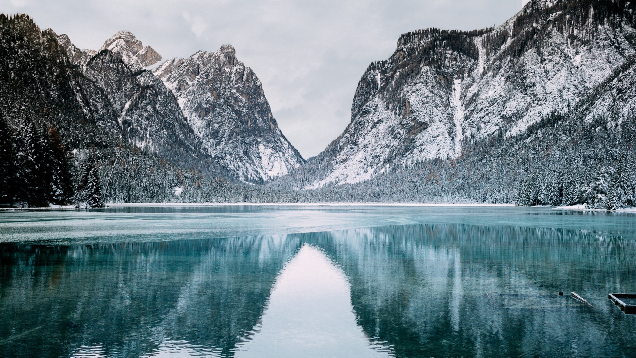 Toblacher See, landscape, 2K, Italy, mountains, lake, snowy peak, snow, HD Wallpaper