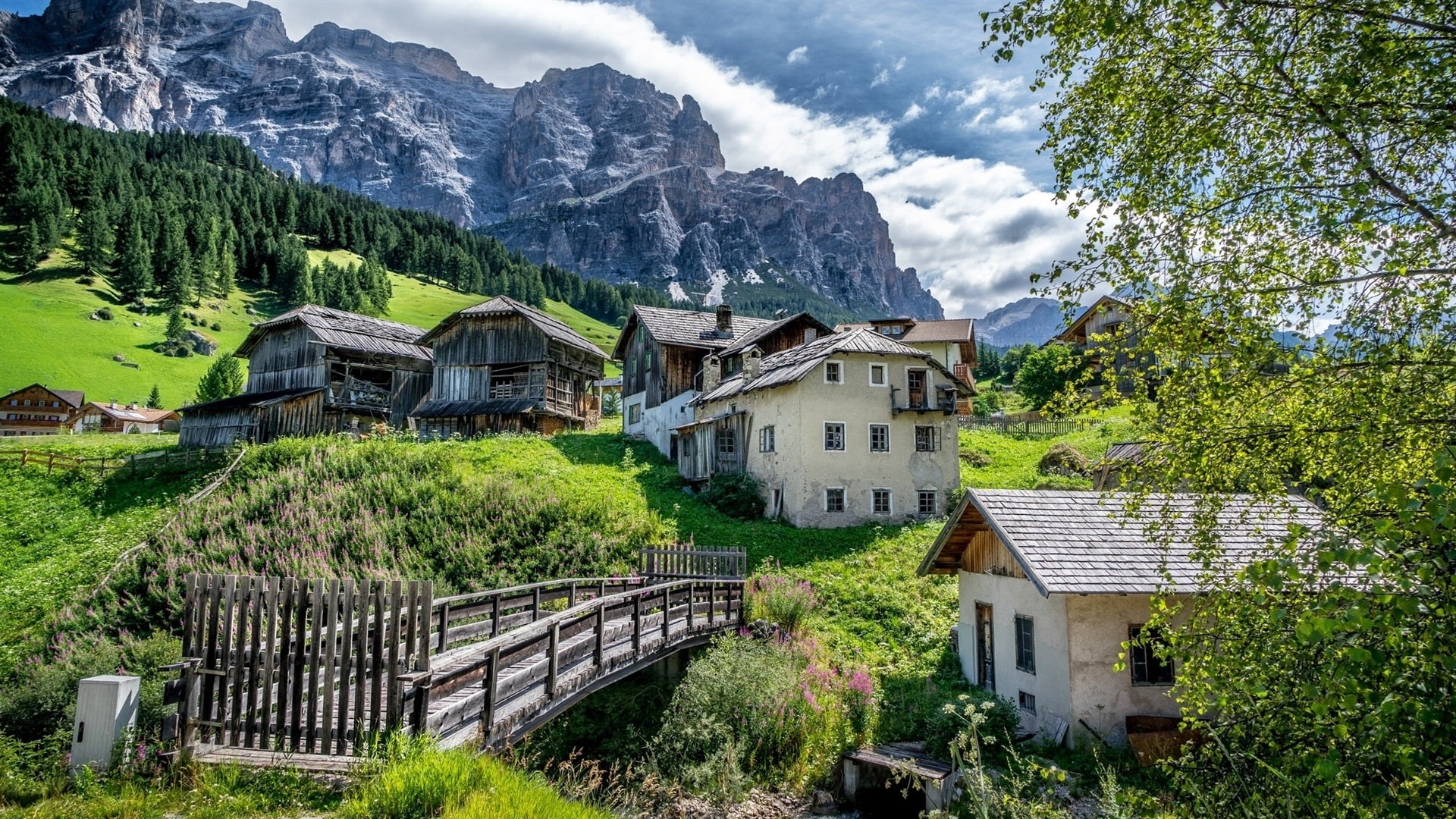 Village, Mountain, Bridge, Badia, 1080P, Cassiano, San, Dolomites, House, Alta, Italy, HD Wallpaper