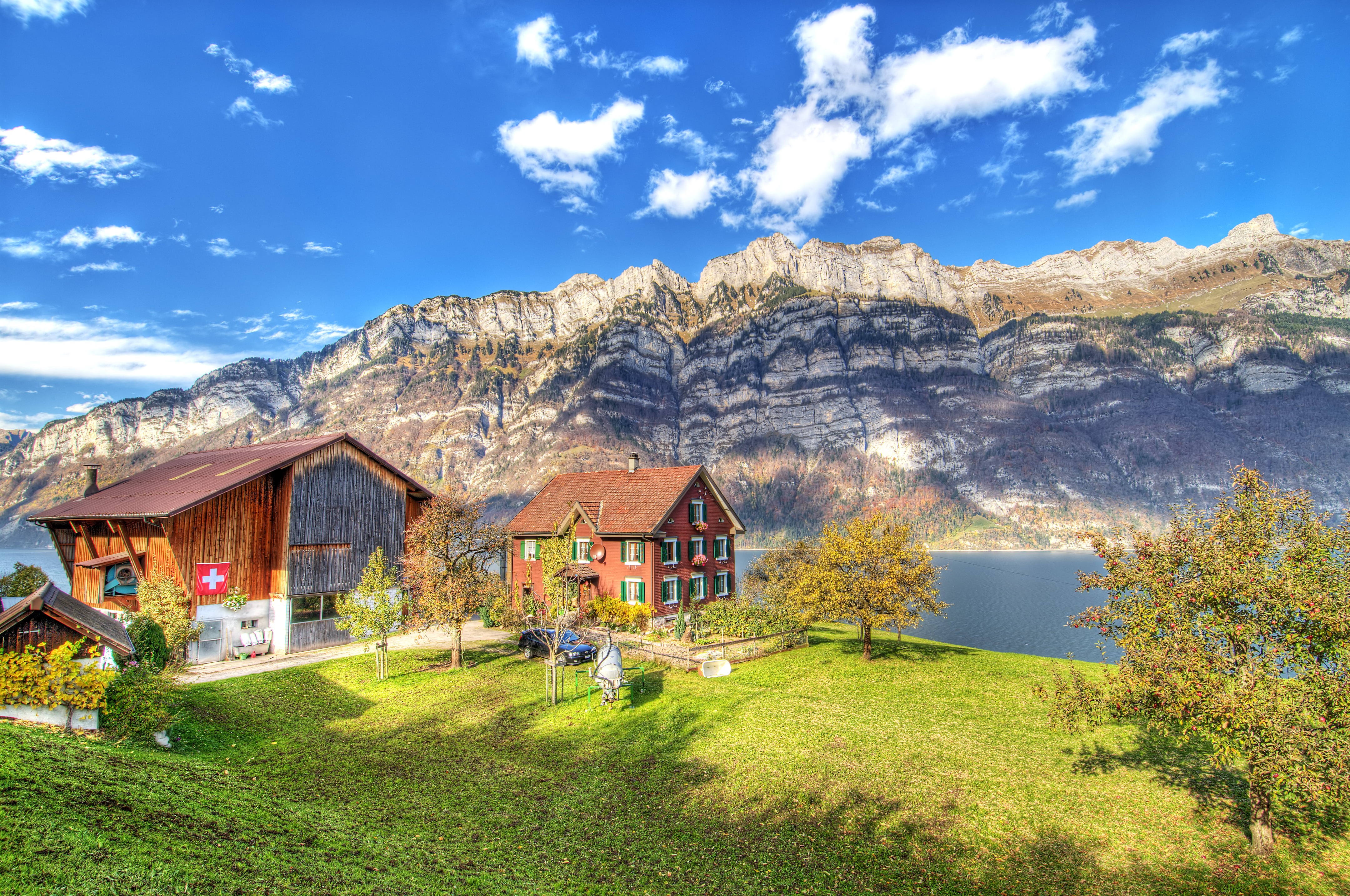 european Alps, landscape, live 2, wooden, place to live, beside, switzerland, walensee, green, mountain, flag, Calm, summer, brown, houses, wideangle, quarten, HD Wallpaper