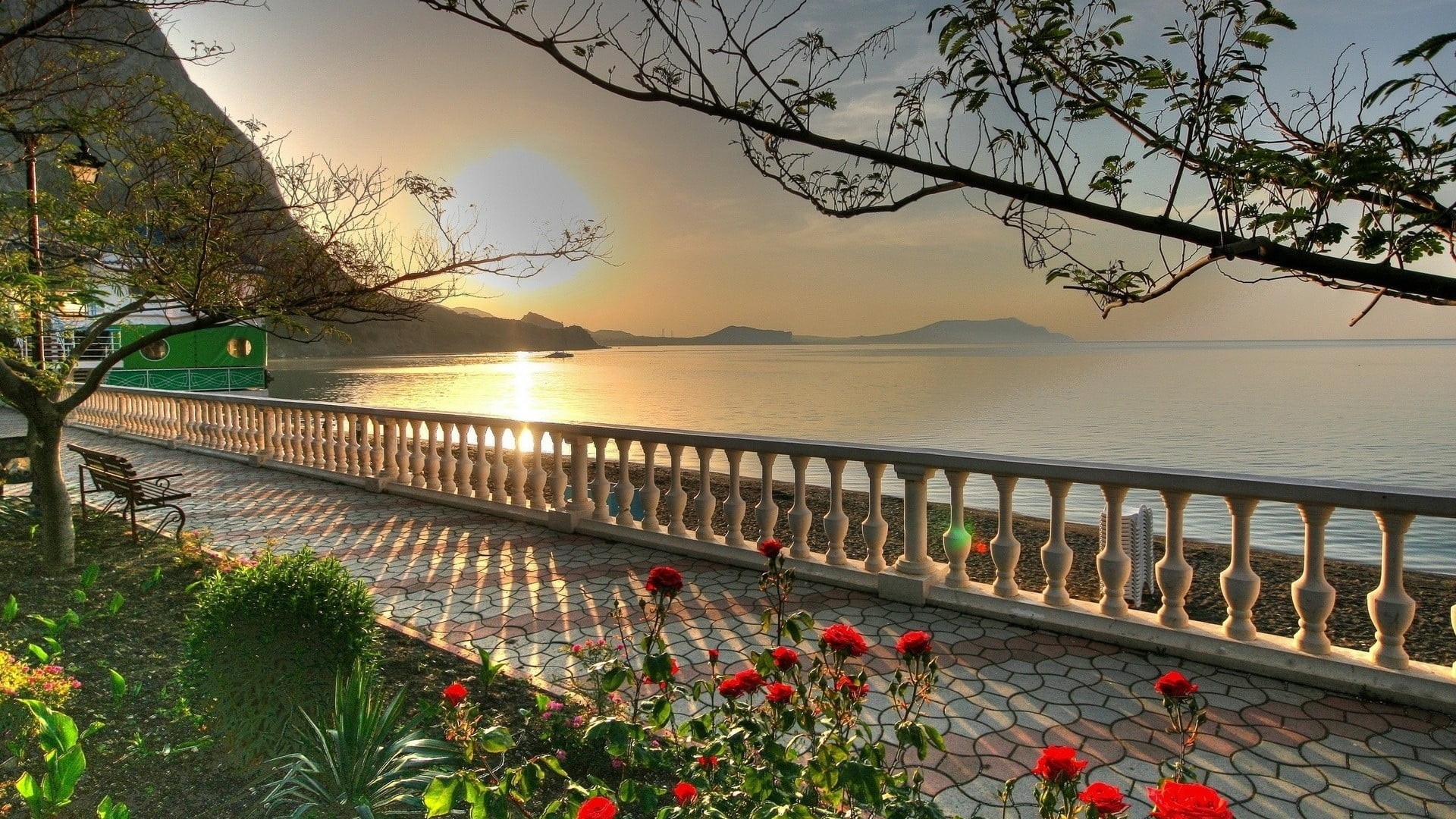 nature, growth, tranquil scene, flowering plant, lago di garda, europe, italy, flower, mountain, sunset, water, park, sky, lake garda, architecture, tranquility, HD Wallpaper