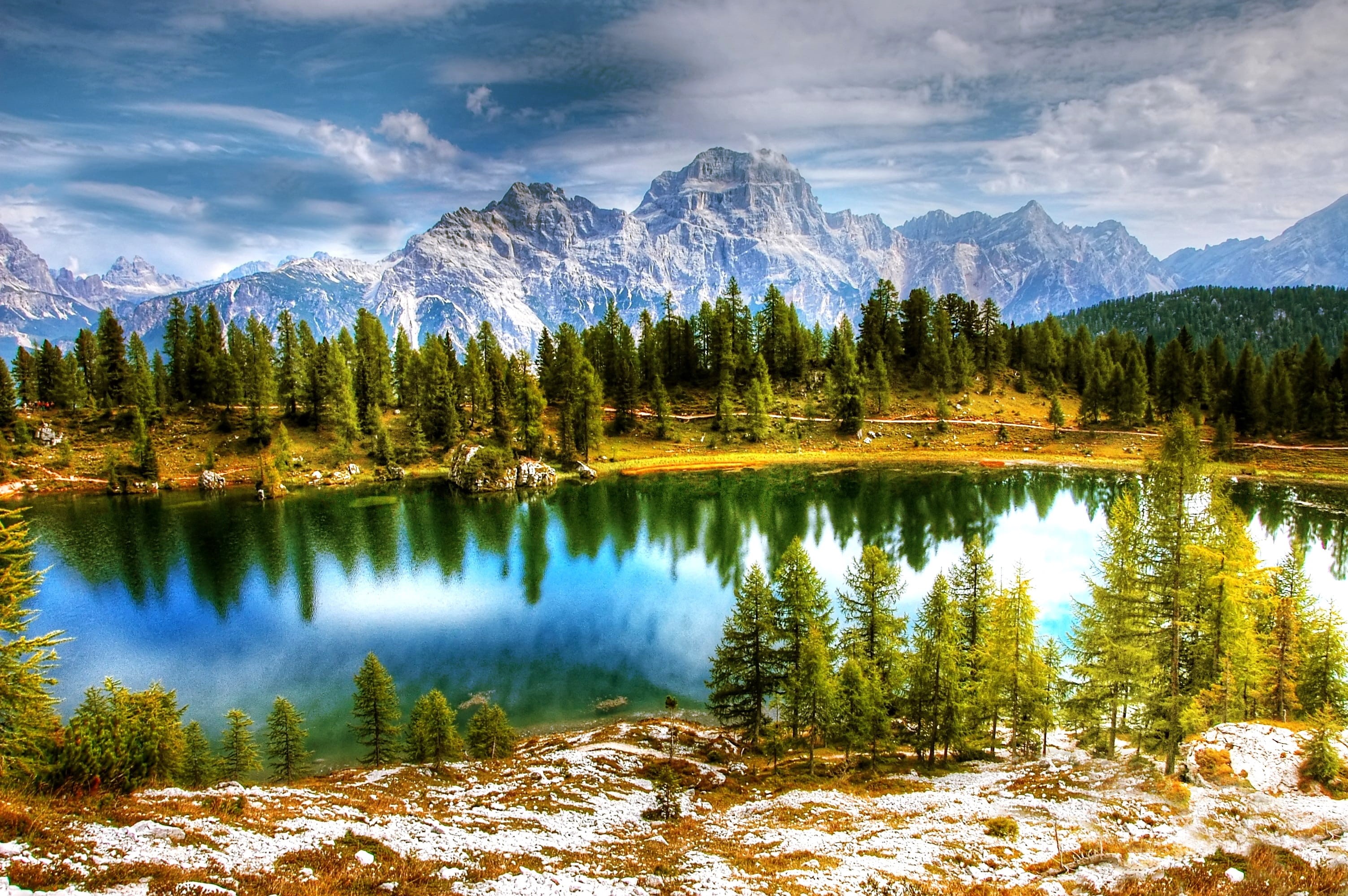 alpine, environment, clouds, rock, beauty in nature, mountain landscape, blue, scenics - nature, body of water, cloud - sky, nature, reflection lake, great, HD Wallpaper