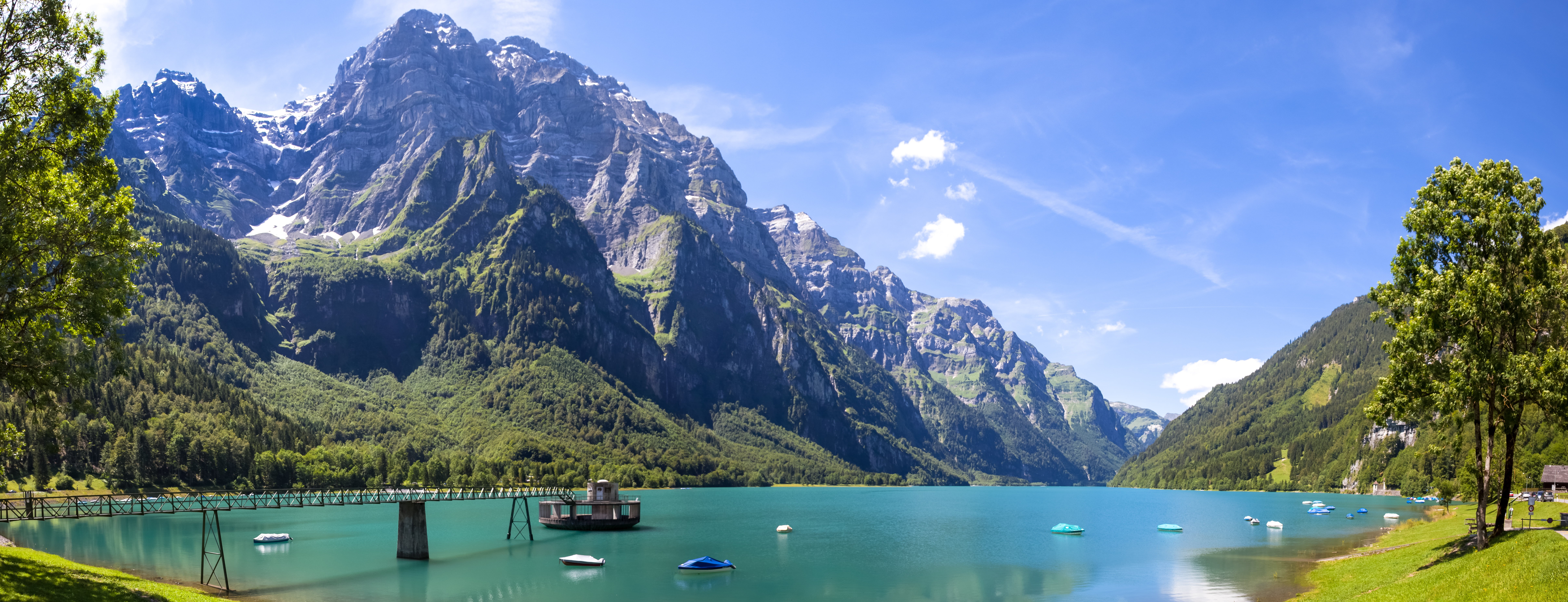 mountain, 8K, europe, landscape, Lake, Klöntaler See, forest, daytime, european Alps, body, outdoors, water, scenics, travel, Nature, body of water, summer, HD Wallpaper