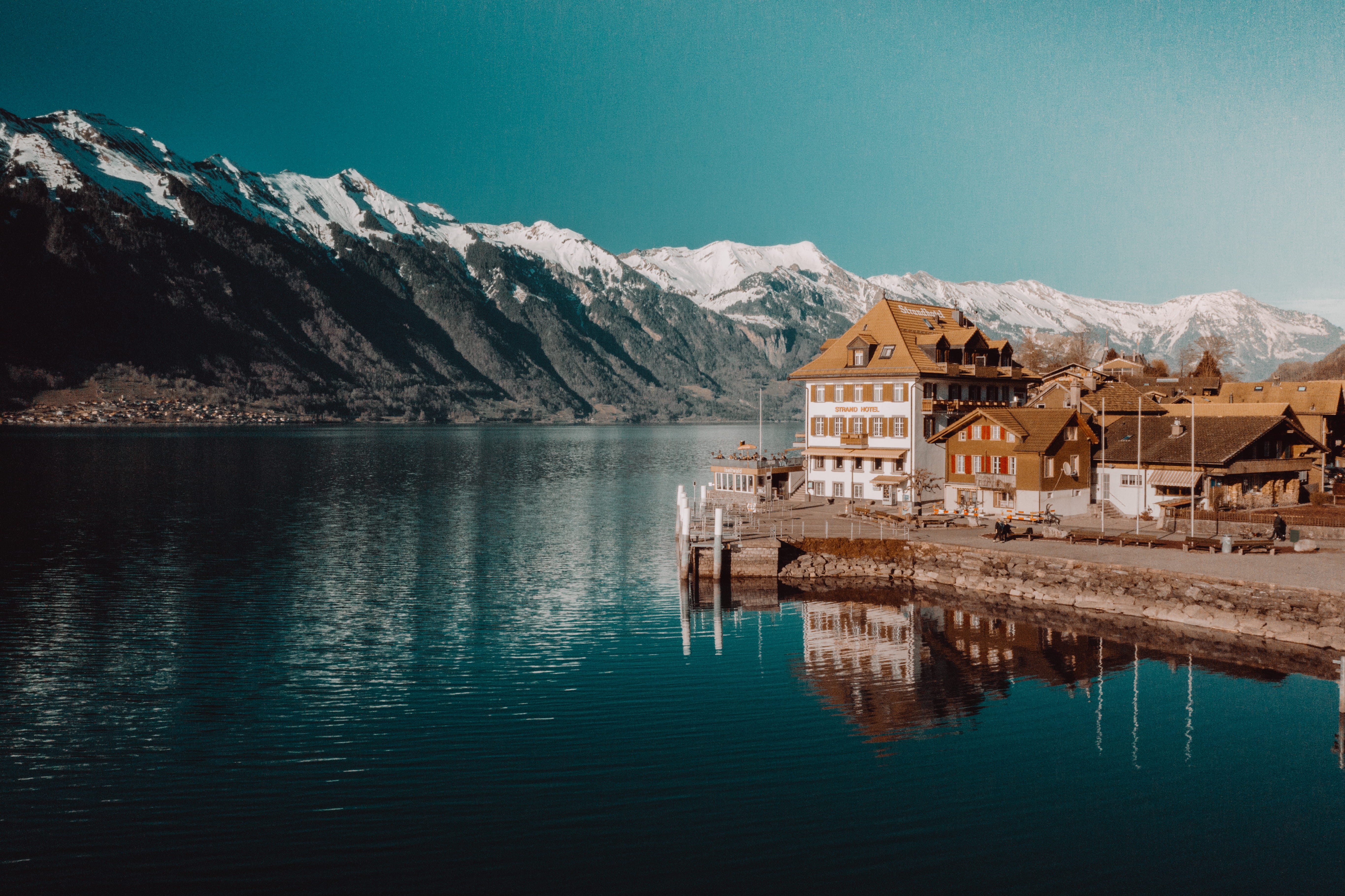 turquoise colored, waterfront, near, snowy, building, cold, tranquil scene, weather, mountain range, outdoors, tranquility, rocky, landscape, body, scenics - nature, HD Wallpaper