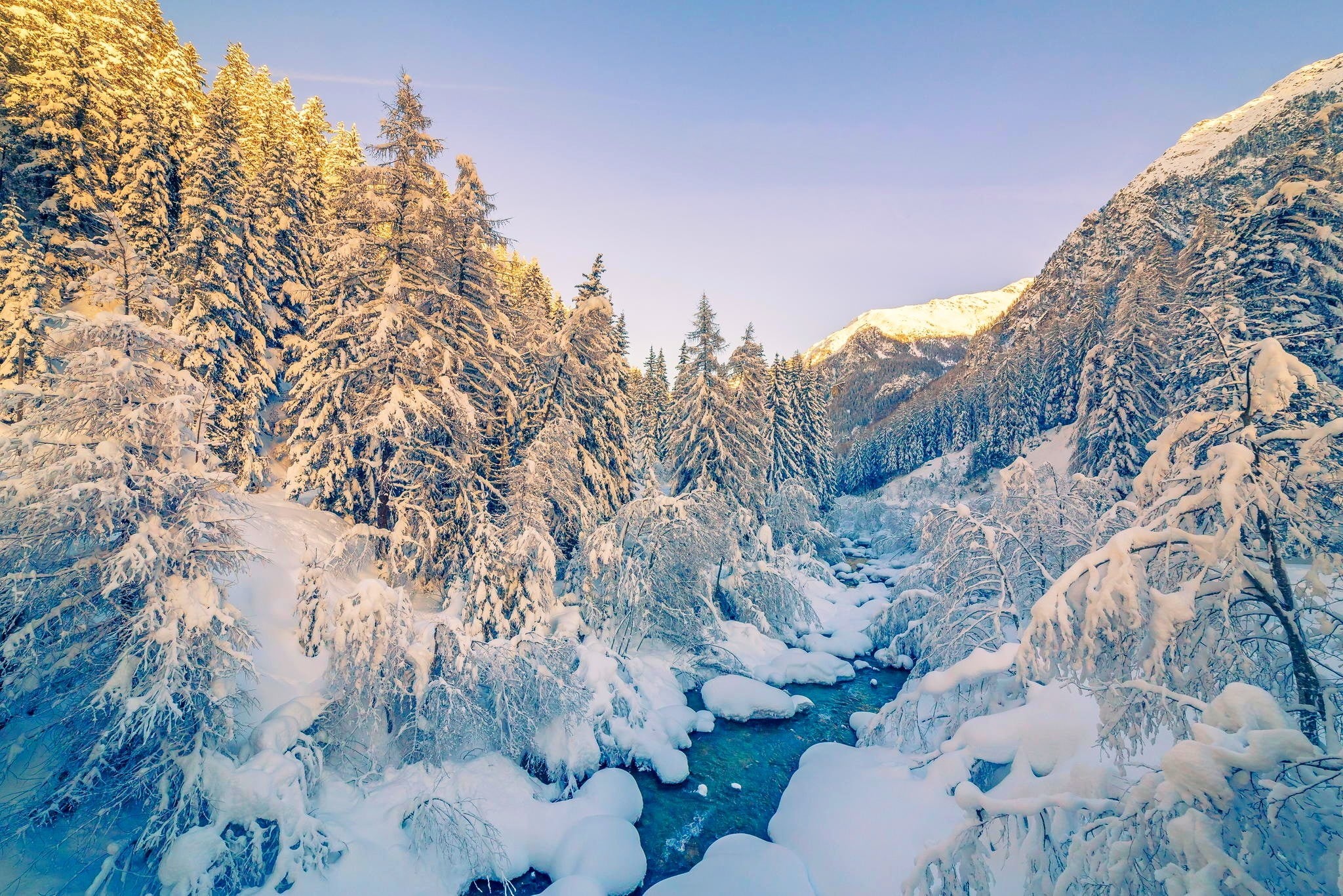 daytime, landscape, mountain, cold temperature, mountains, non-urban scene, tranquility, coniferous tree, no people, tranquil scene, river, snowcapped mountain, HD Wallpaper