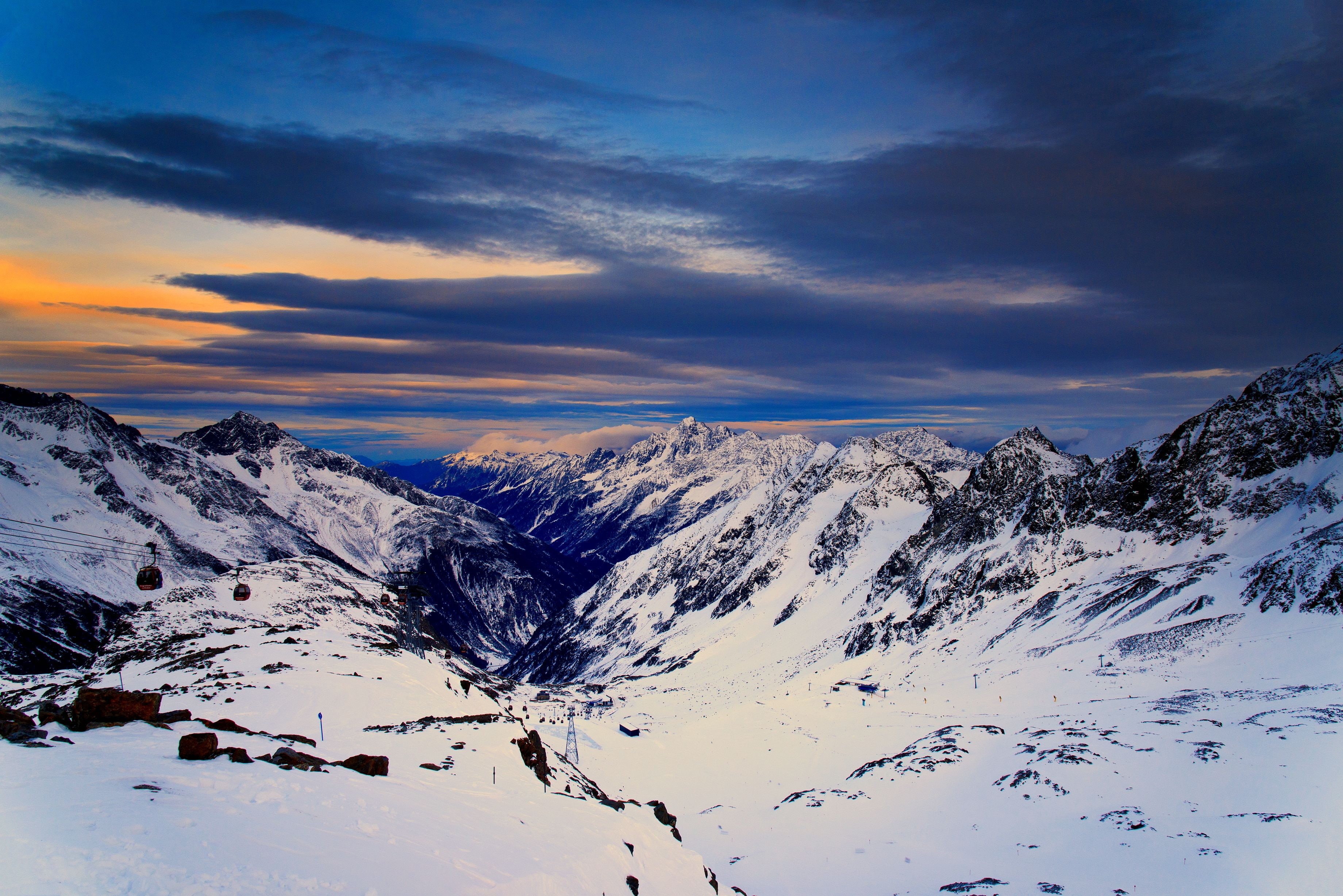 surround, Berg, ice, snow, Tirol, Alpen, Austria, Ski, Gletscher, blue, european Alps, Schnee, skies, winter, sunset, 3000m, cable  car, Alps, evening, HD Wallpaper