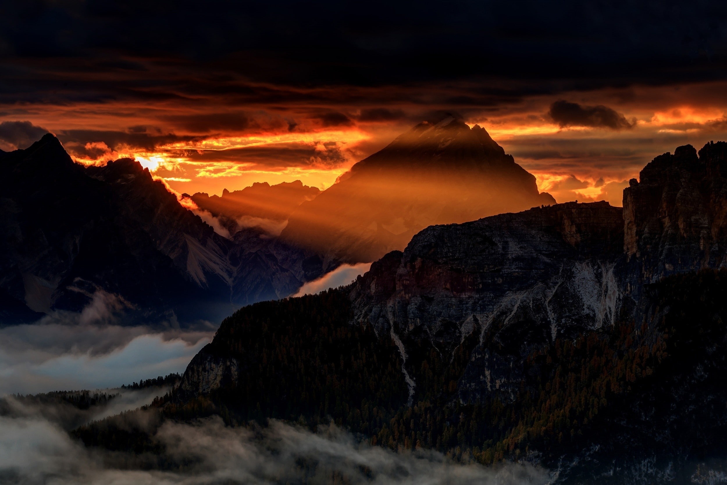 mountain range, dramatic sky, scenics - nature, outdoors, sky, Alps, sun, Dolomites (mountains), cloud - sky, mountain, solid, rock - object, mist, nature, HD Wallpaper