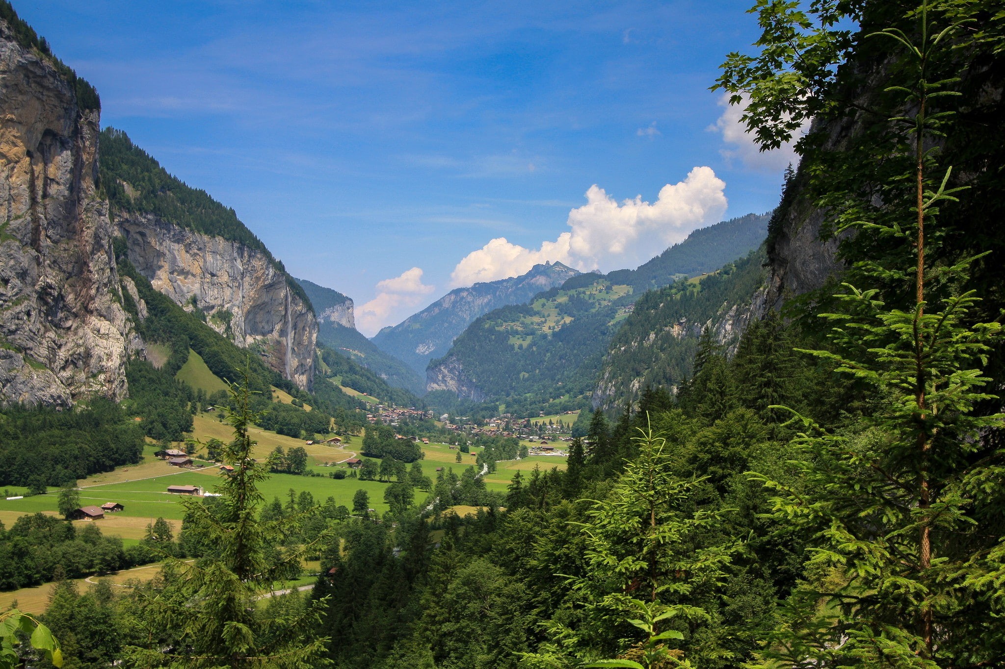 forest, cliff, landscape, 1080P, sky, village, Alps, mountains, valley, HD Wallpaper