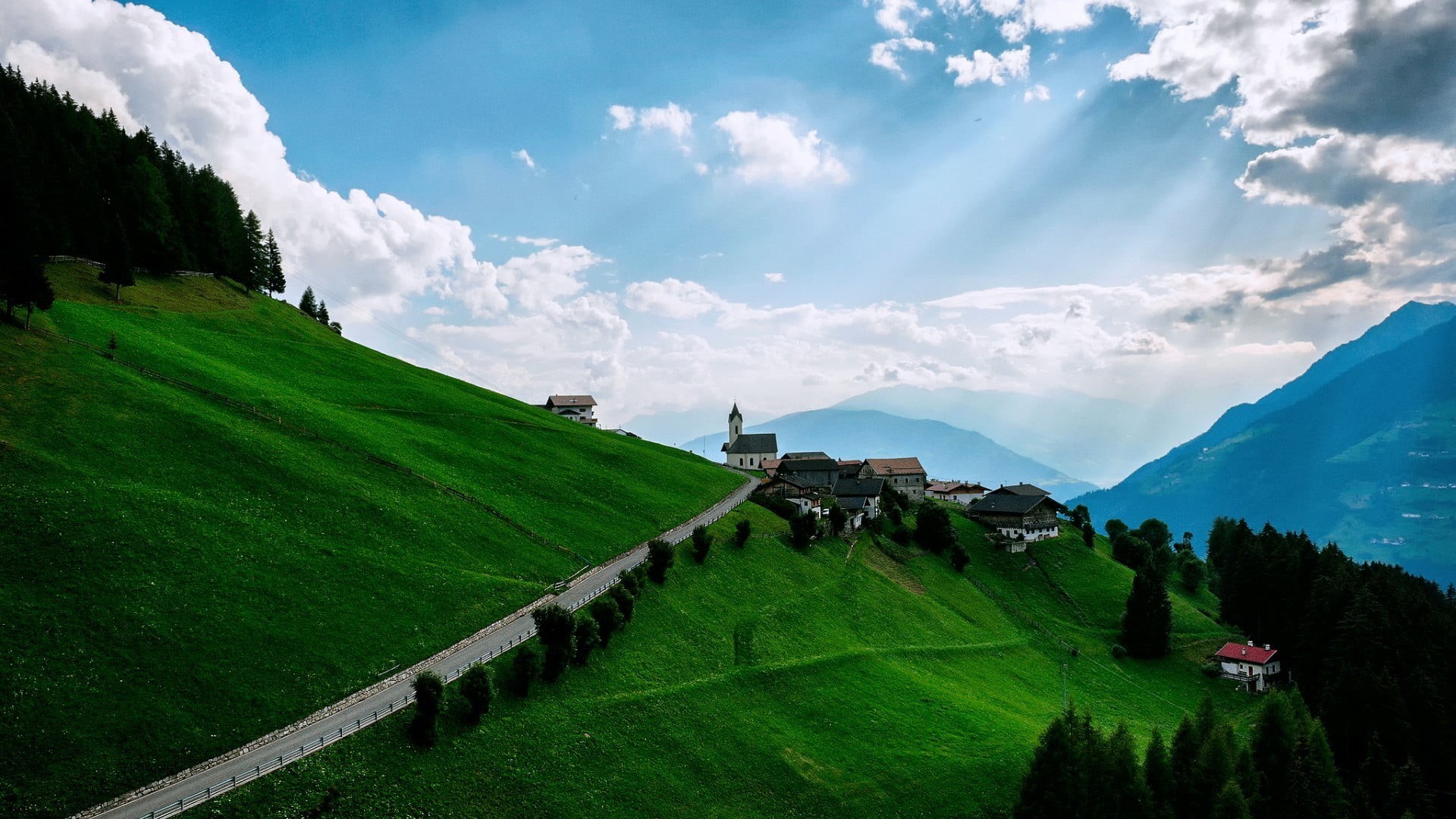environment, nature, landscape, green color, tranquility, church, outdoors, tranquil scene, plant, green, idyllic, cloud - sky, mountain, 1080P, village, HD Wallpaper