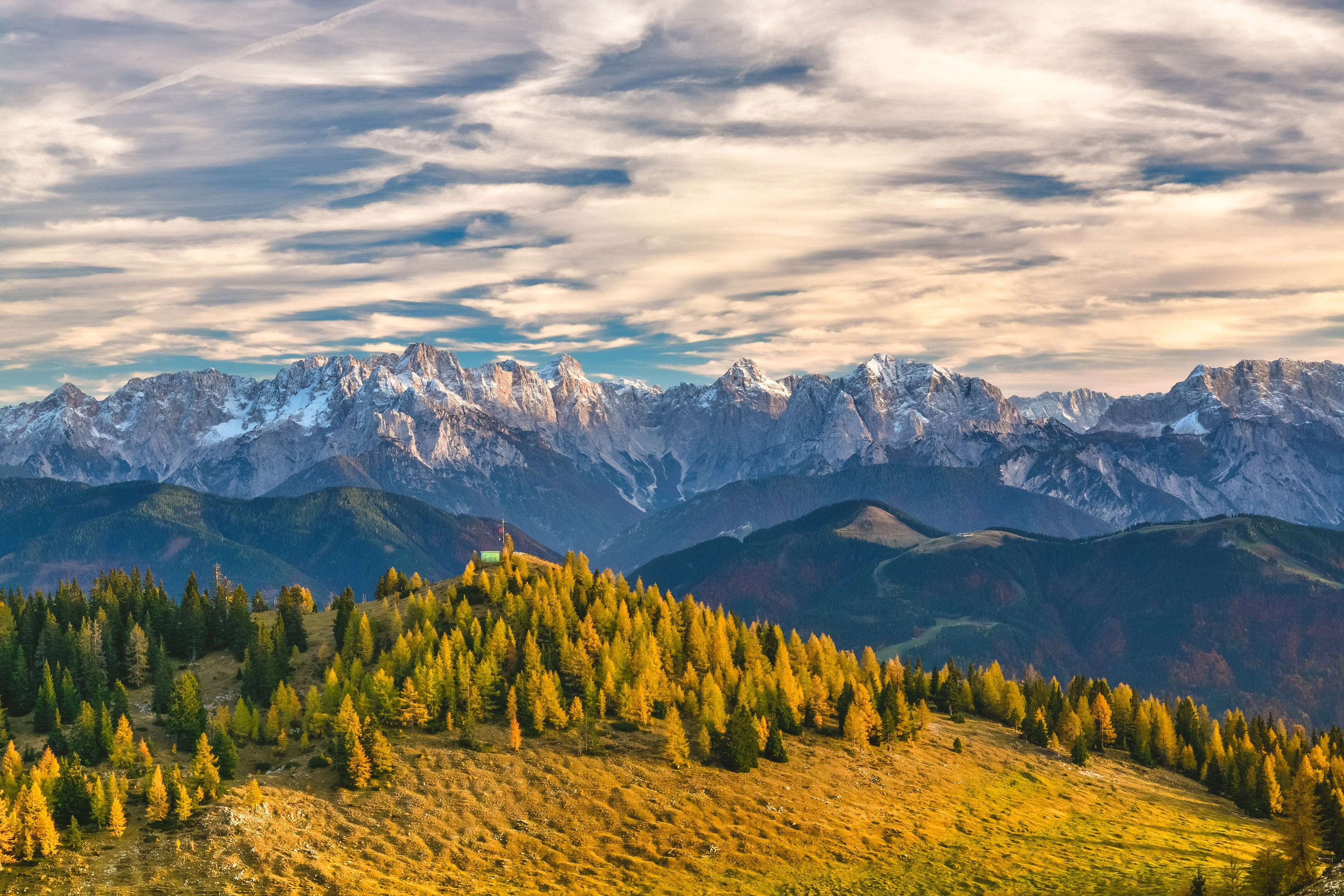 mountain Range, forest, tree, landscape, top, 4K, mountain Peak, european Alps, daytime, mountain, photo, scenics, nature, outdoors, green, austria, sky, HD Wallpaper