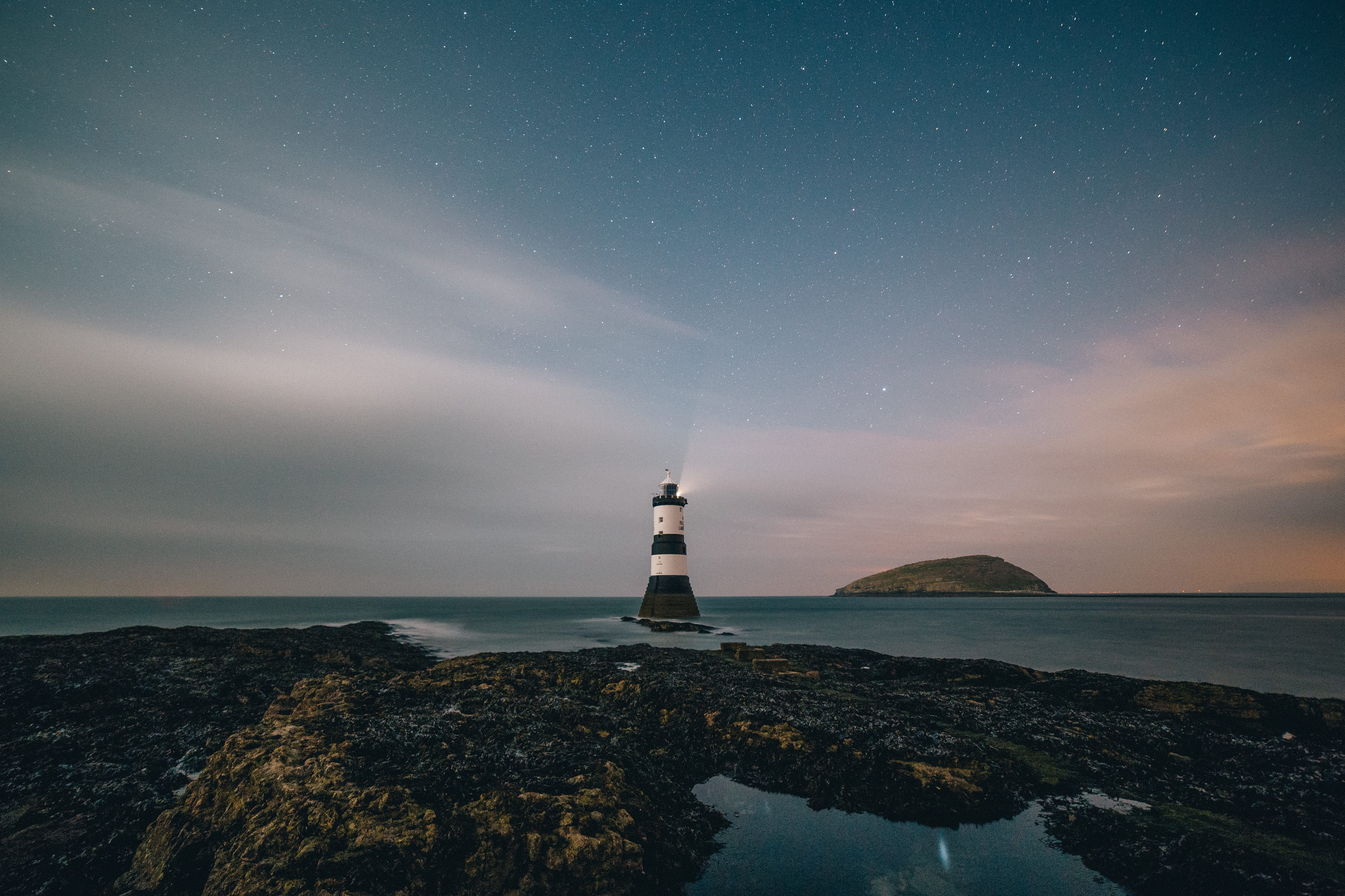 sunset, water, horizon, black, rock - object, sea, architecture, concrete, lighthouse, white, astronomy, daytime, body of water, scenics, light, nature, HD Wallpaper