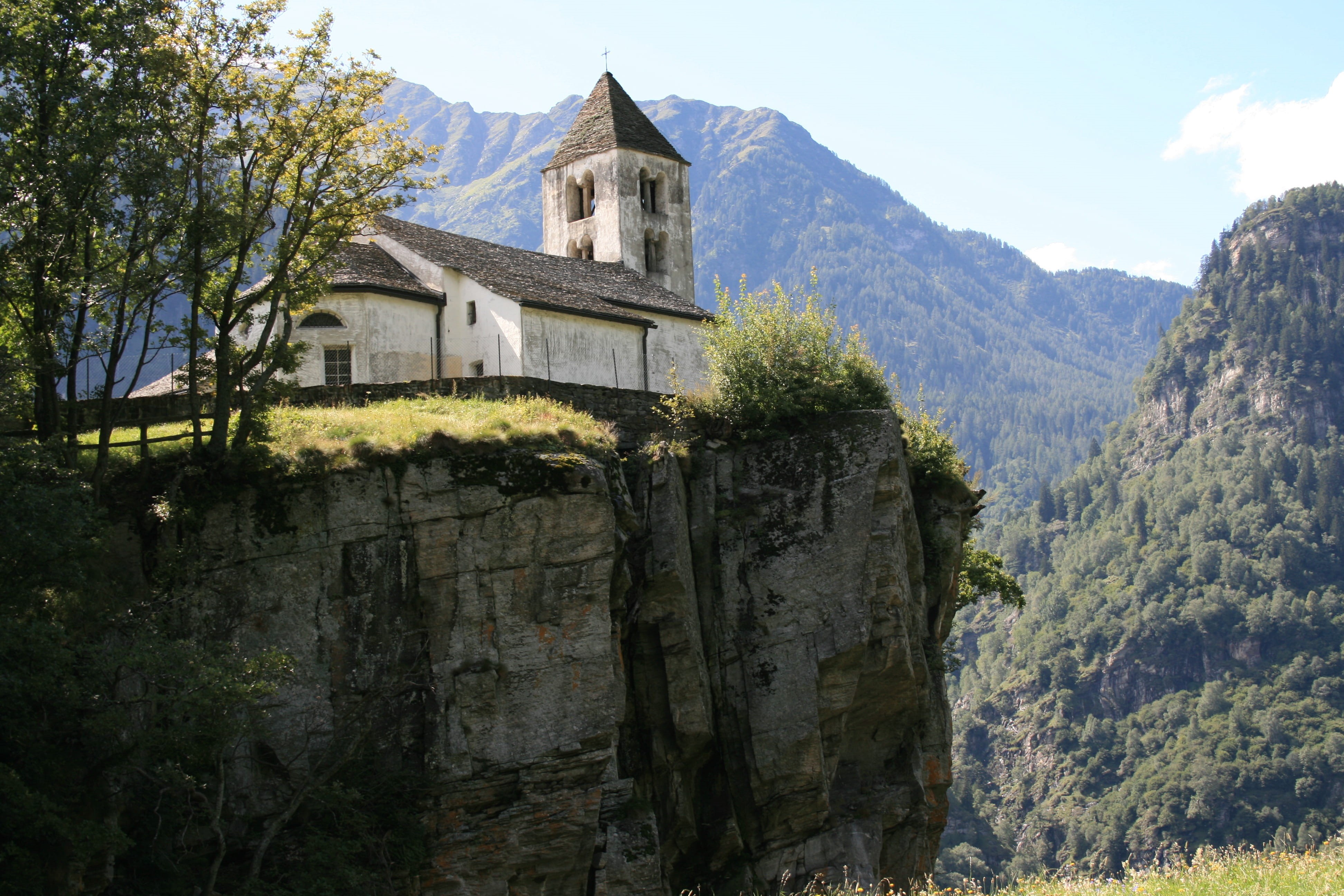 low angle view, belief, outdoors, castle, concrete, ticino, place of worship, gray, day, building exterior, switzerland, mountain, nature, 4K, sky, plant, HD Wallpaper