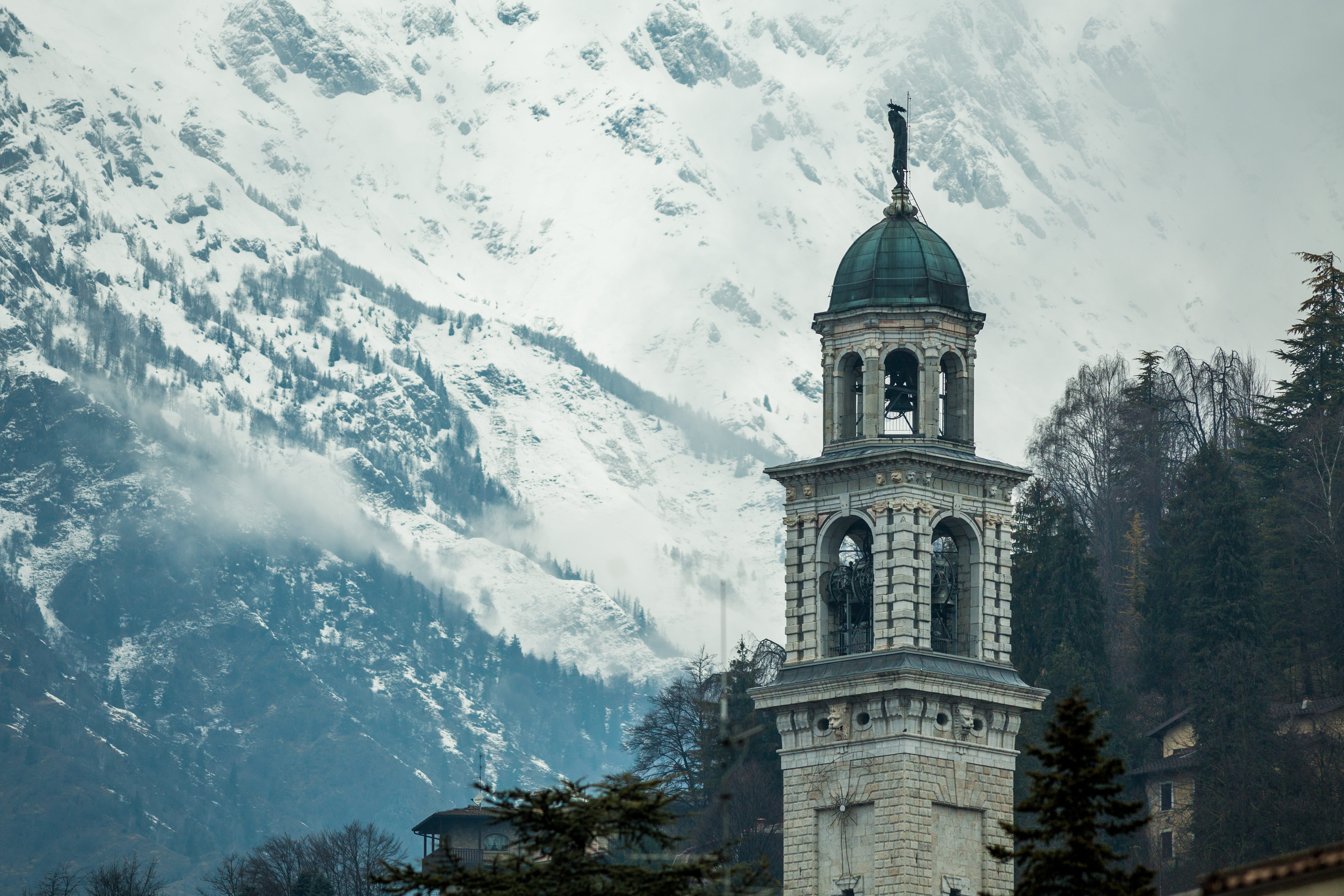 daylight, dome, travel, mountain, place of worship, cathedral, winter, spire, tree, blue mountains, orthodox, architecture, nature, no people, 5K, landscape, HD Wallpaper