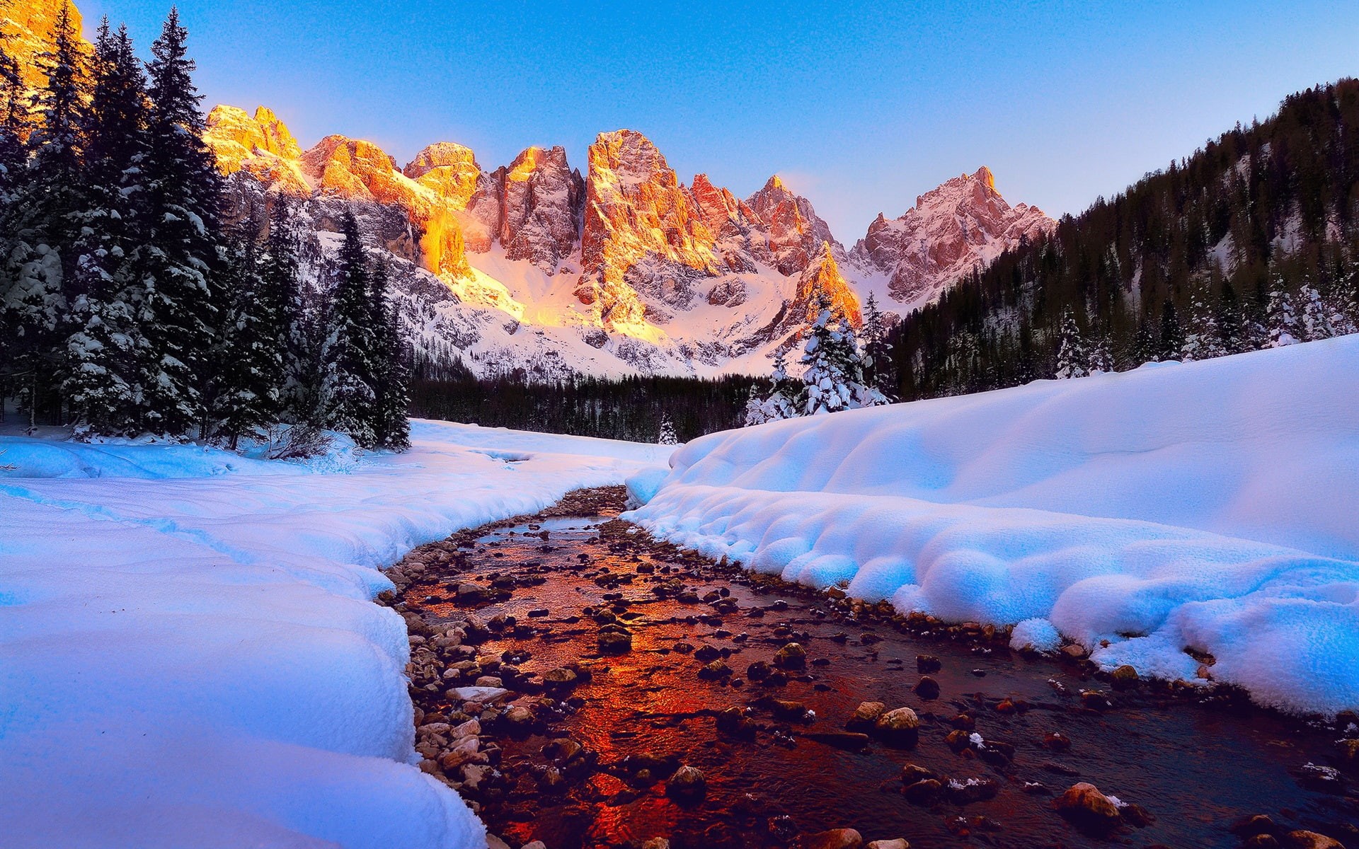 Dolomites, River, Forest, Snow, Winter, Peaks, 1080P, Mountains, HD Wallpaper