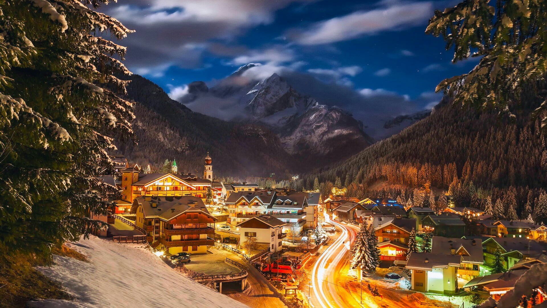 built structure, snow, dolomites, mountain village, mountain range, italy, sky, environment, architecture, night lights, cloud - sky, no people, travel destinations, HD Wallpaper
