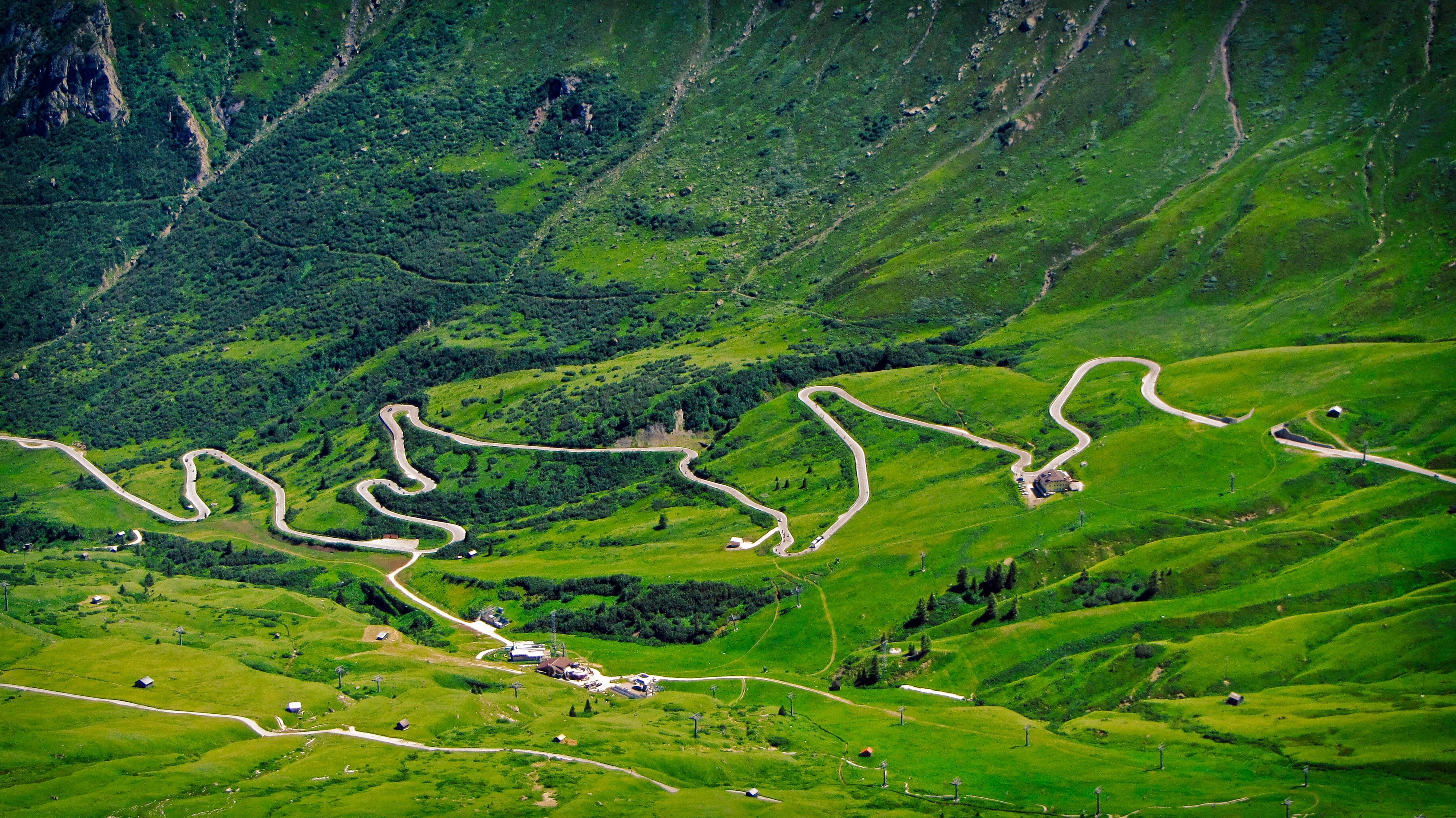 alpine road, outdoors, arabba, birds, mountain road, mountain pass, mountains, scenics - nature, idyllic, field, day, rural scene, environment, panorama, HD Wallpaper