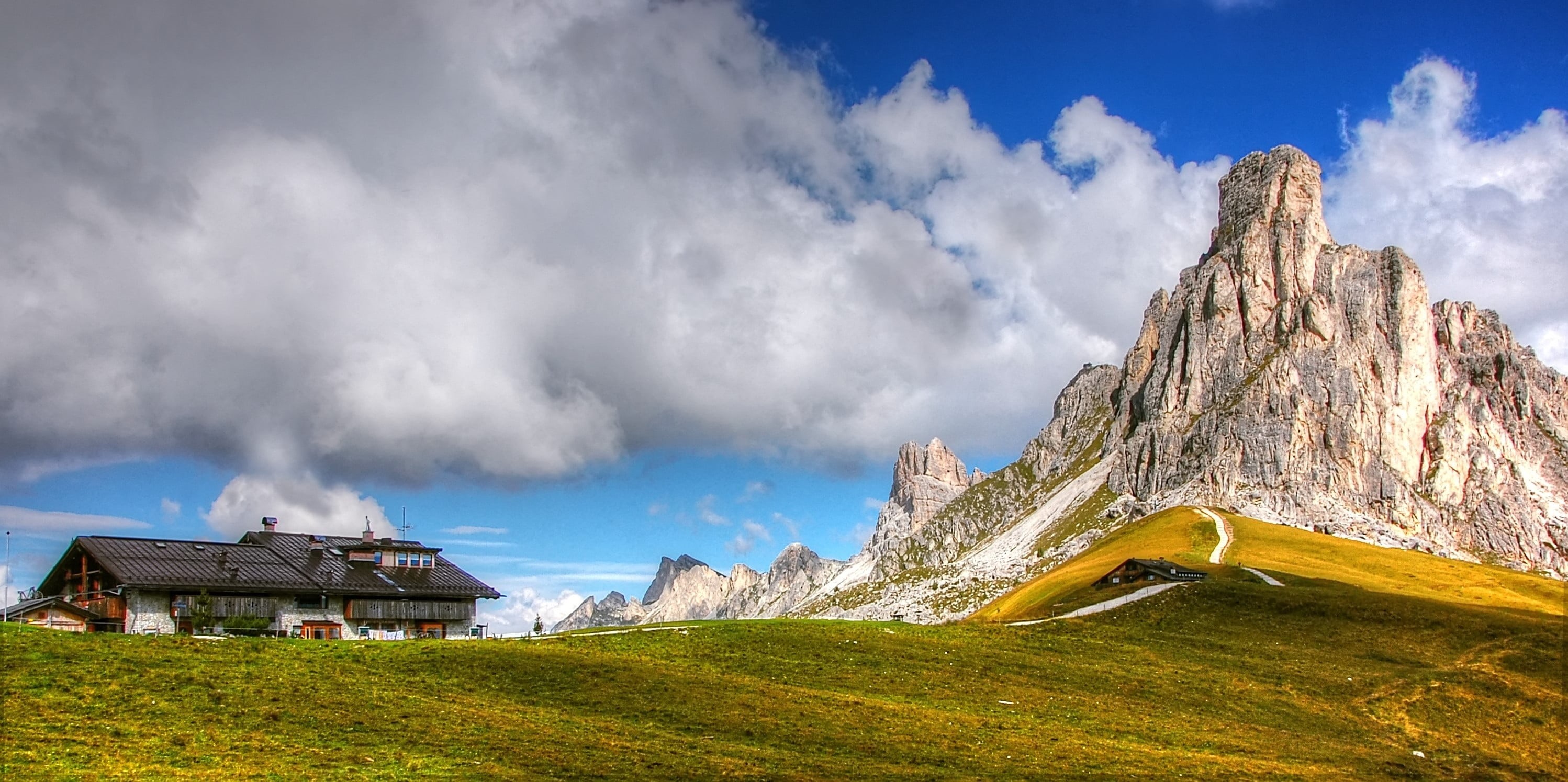 travel, house, landscape, building, vision, covered, mountains, sun, no people, environment, blue, travel destinations, day, built structure, alm, clouds, HD Wallpaper