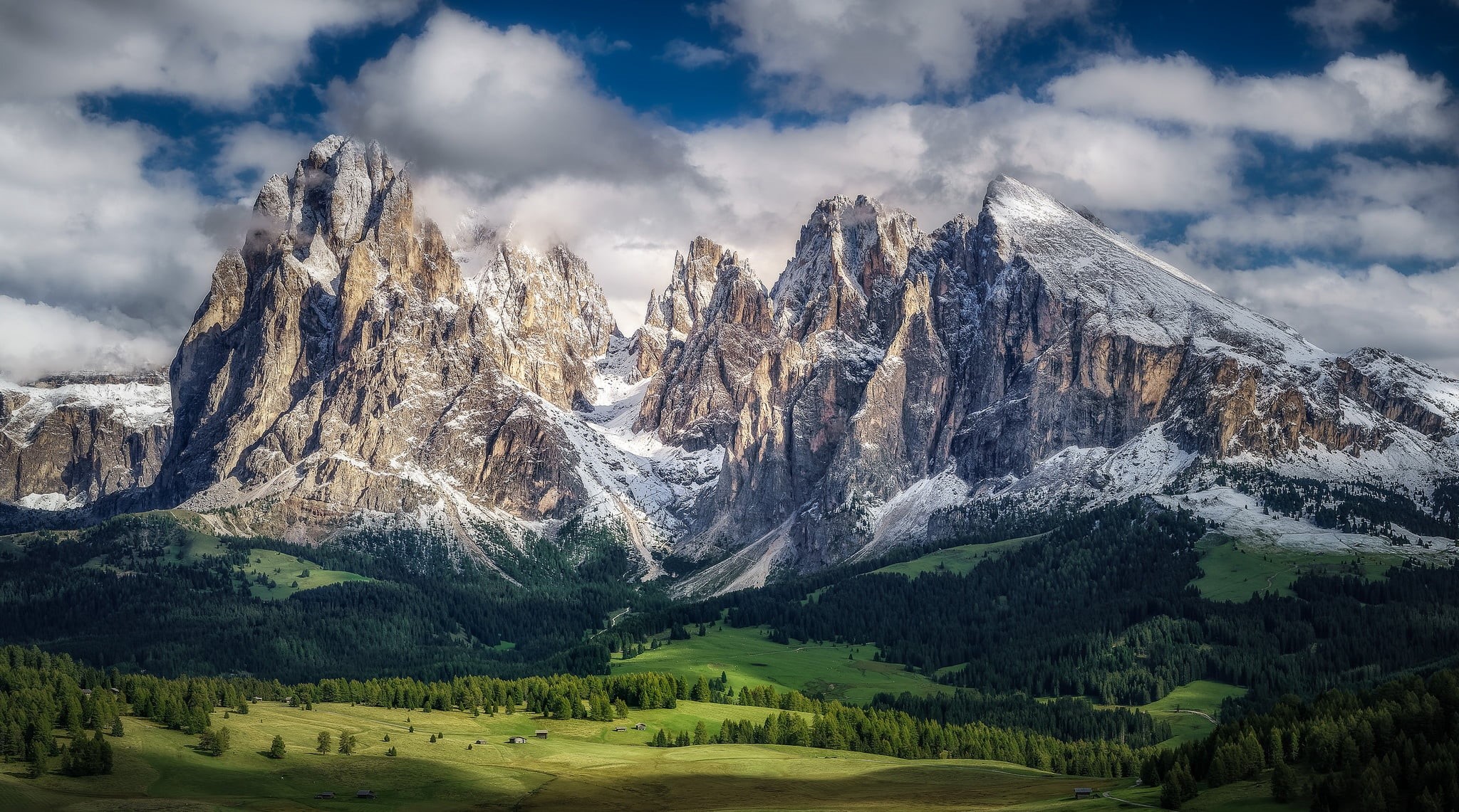 tranquil scene, Santa Cristina Valgardena, environment, mountain range, idyllic, tree, land, sky, no people, mountains, Italy, snowcapped mountain, green color, HD Wallpaper