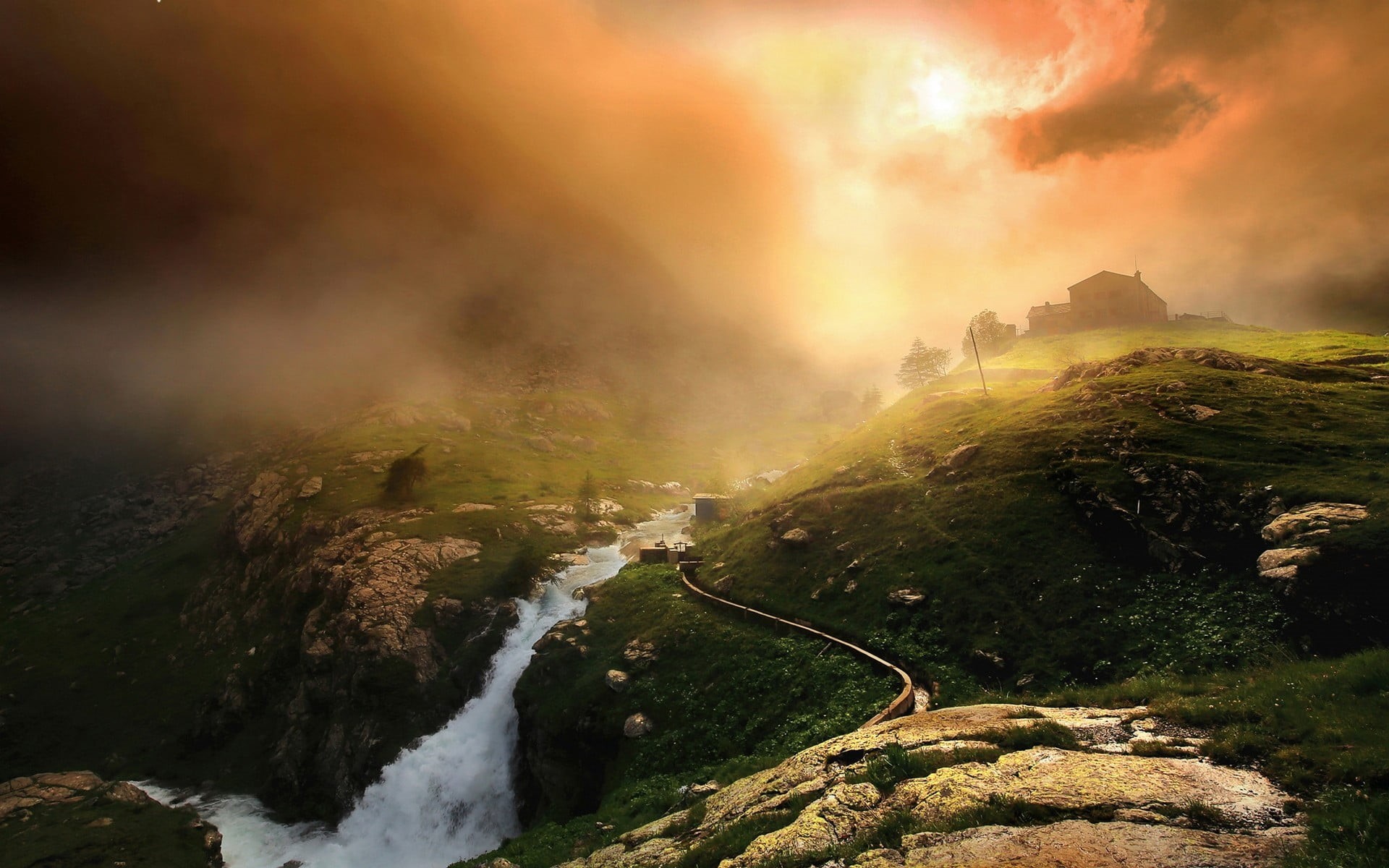beauty in nature, nature, travel, road, no people, sunset, scenics - nature, cloud - sky, river, awe, mountains, mountain peak, tranquil scene, land, 1080P, HD Wallpaper