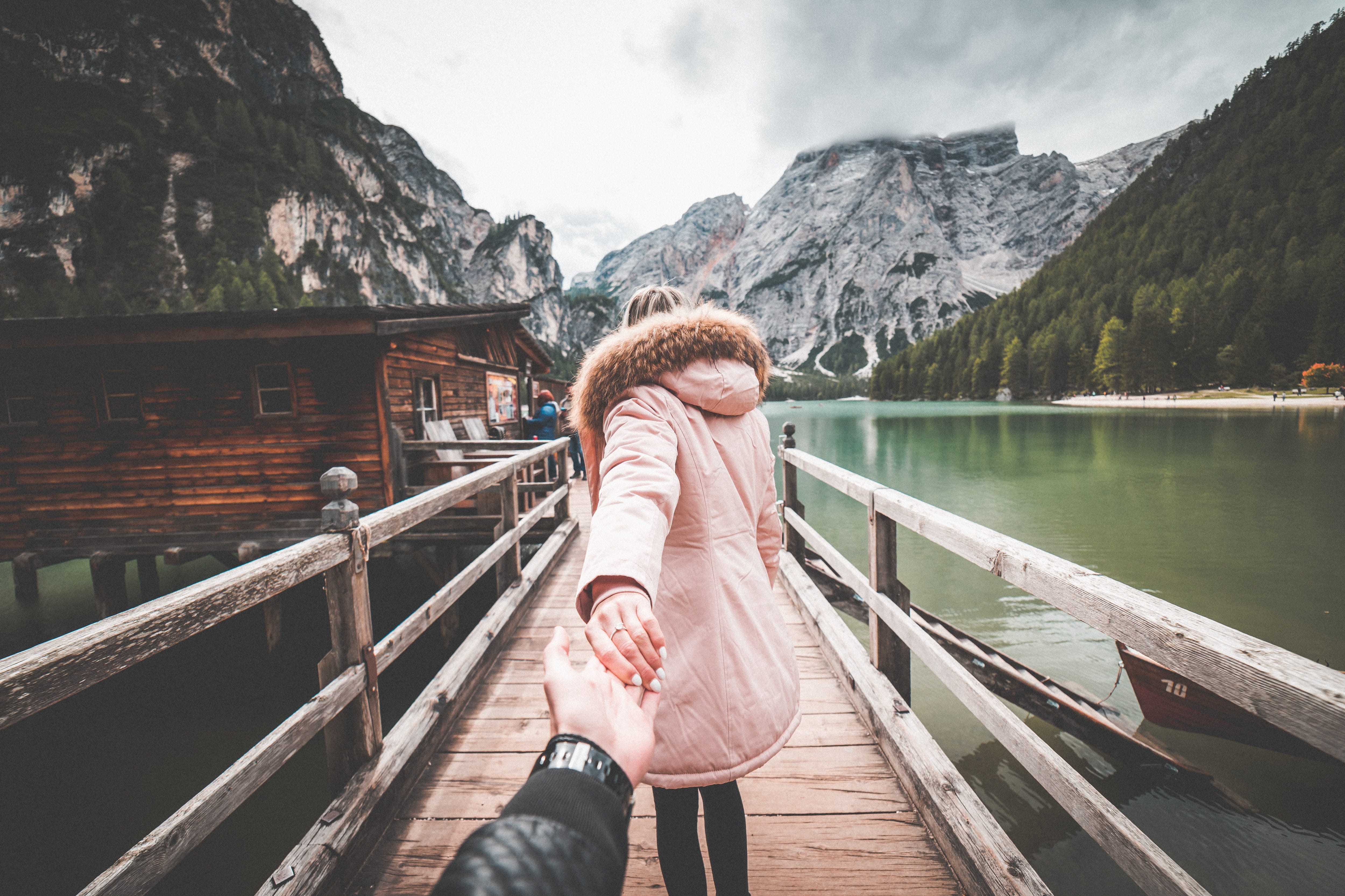 mountain range, adult, braies, nature, follow, top, braies lake, scenery, winter, railing, water, dolomites, outdoors, love, women, lago di braies, warm clothing, HD Wallpaper