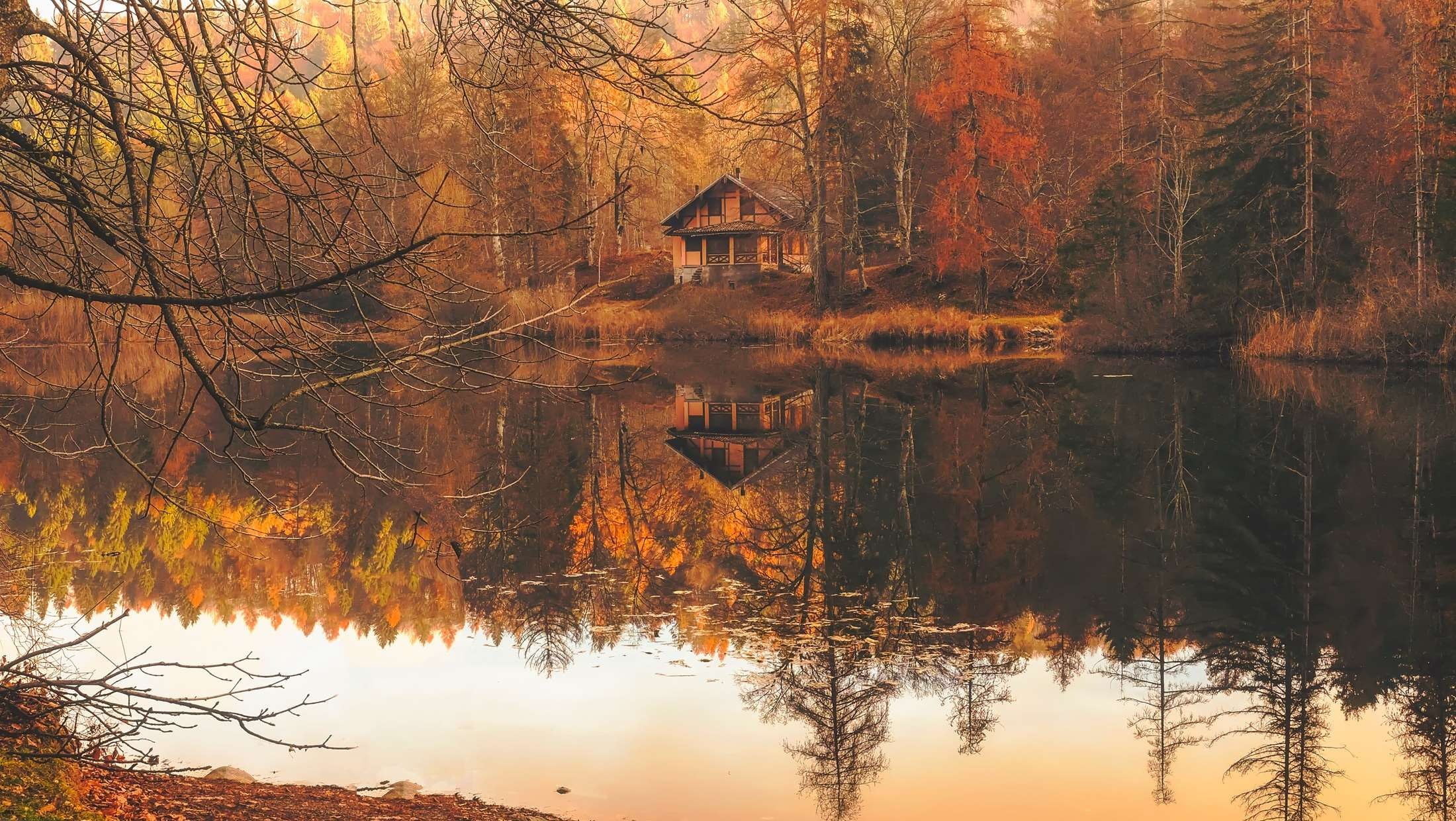 scenics - nature, orange color, water, beautiful, cottage, reflection, country, lake, home, cabin, tranquility, rural, outdoors, woods, beauty in nature, HD Wallpaper