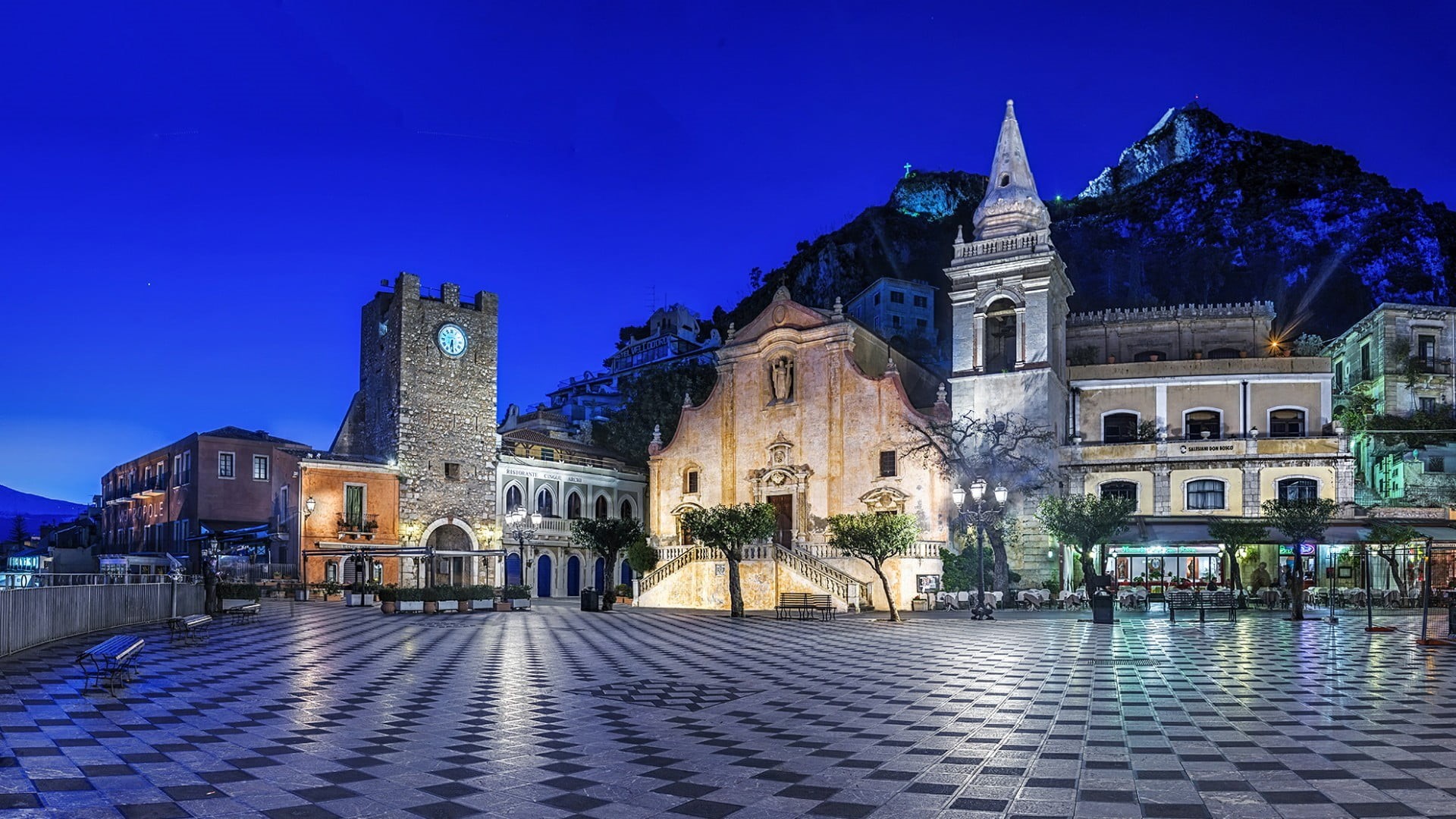evening, reflection, europe, blue, sky, the past, san giuseppe church, clock tower, tower, religion, town, square, architecture, building exterior, facade, HD Wallpaper