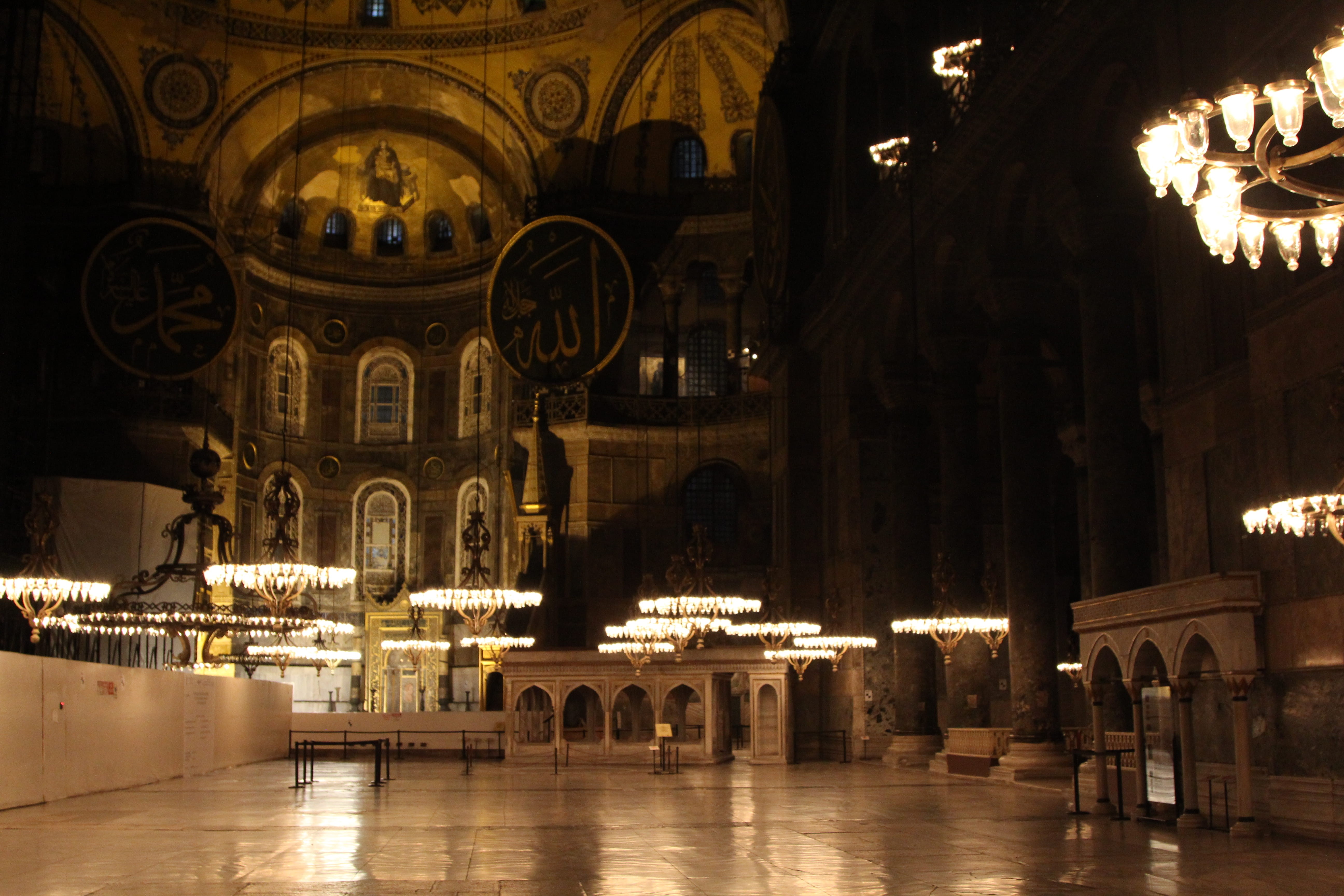 architecture, arch, travel destinations, city, building, inside st. sophia, bynight, floor, 5K, istanbul, turkey, clock tower, apse, dome, church, tower, HD Wallpaper