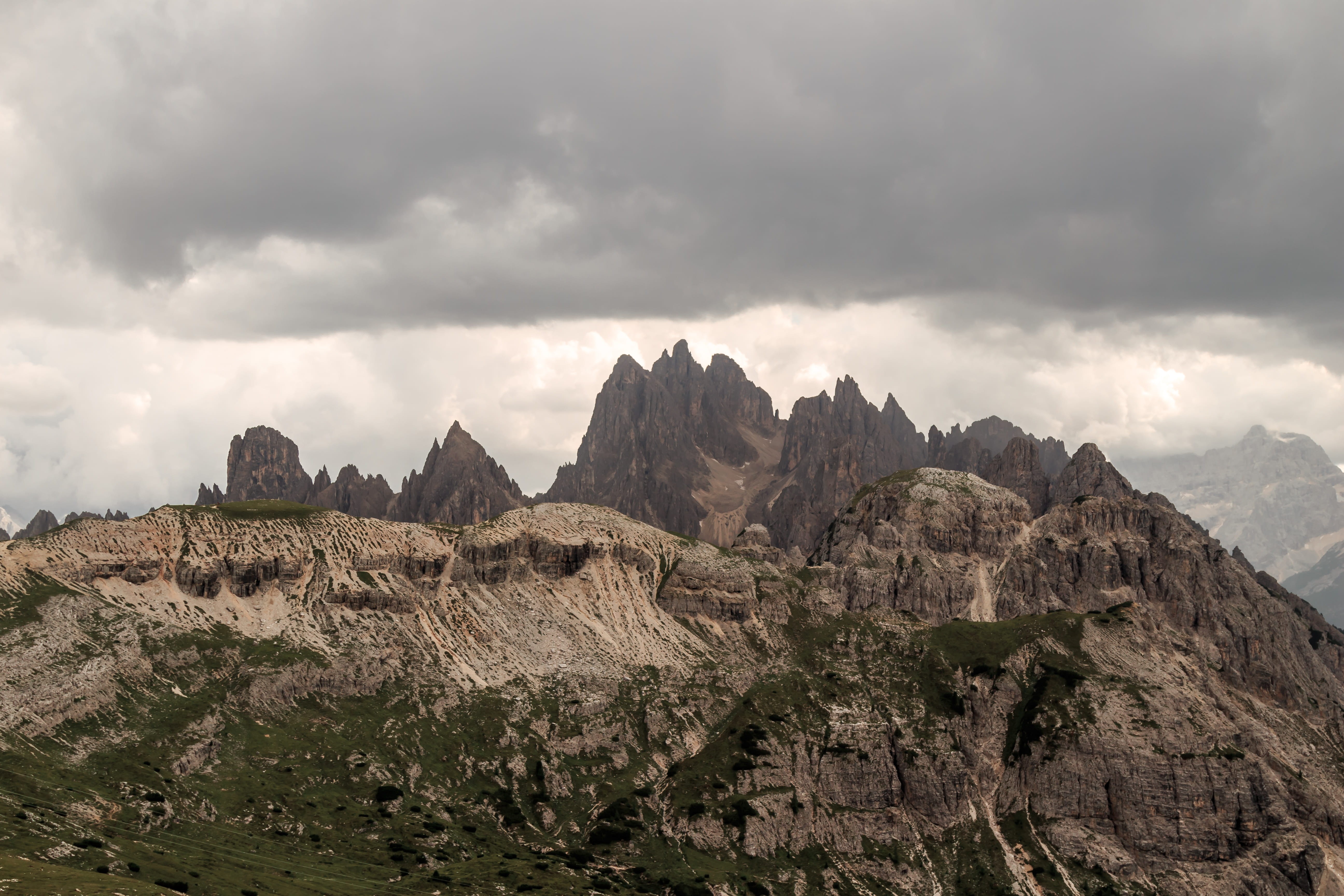 mountain peak, environment, scenery, tre cime di lavaredo, cloud - sky, crest, plateau, outdoors, grey, sky, mountain range, beauty in nature, eroded, landscape, HD Wallpaper