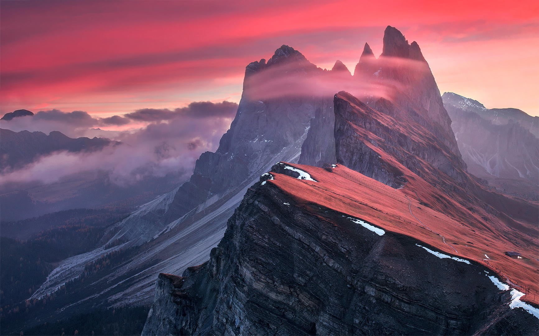 travel, outdoors, scenics - nature, cloud - sky, sunset, mountains, beauty in nature, Dolomites (mountains), Italy, mountain, cold temperature, photo, landscape, HD Wallpaper