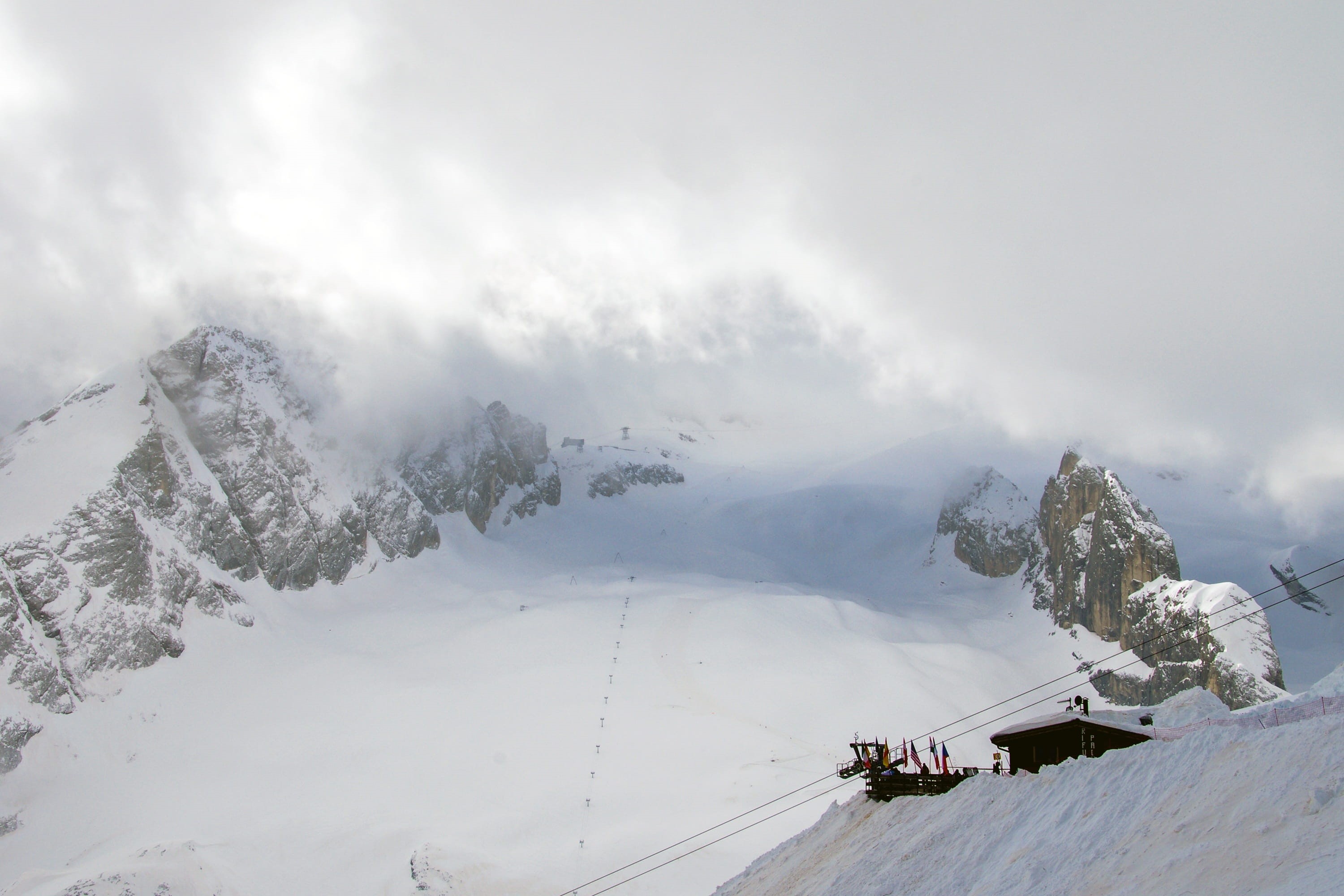ski resort, environment, skiing, alps, winter, veneto, white, sci, travel, mountain, cable car, beauty in nature, cold, Arabba, italy, fog, mountain range, HD Wallpaper