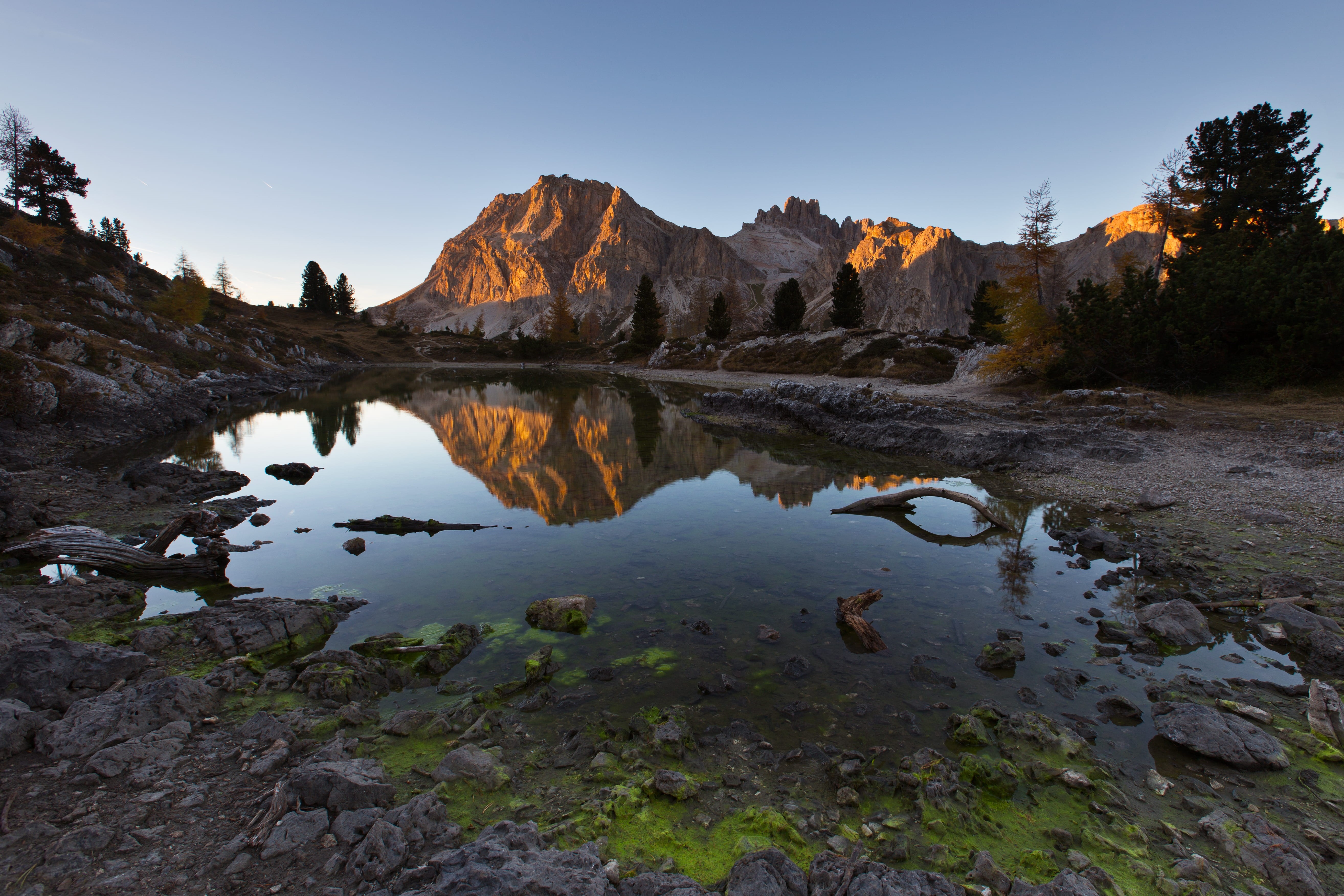mountain, dolomiti, environment, travel, land, algae, landscape, nature, swamp, rock - object, mirror, daytime, 5K, reflection, rock, tranquility, golden, HD Wallpaper