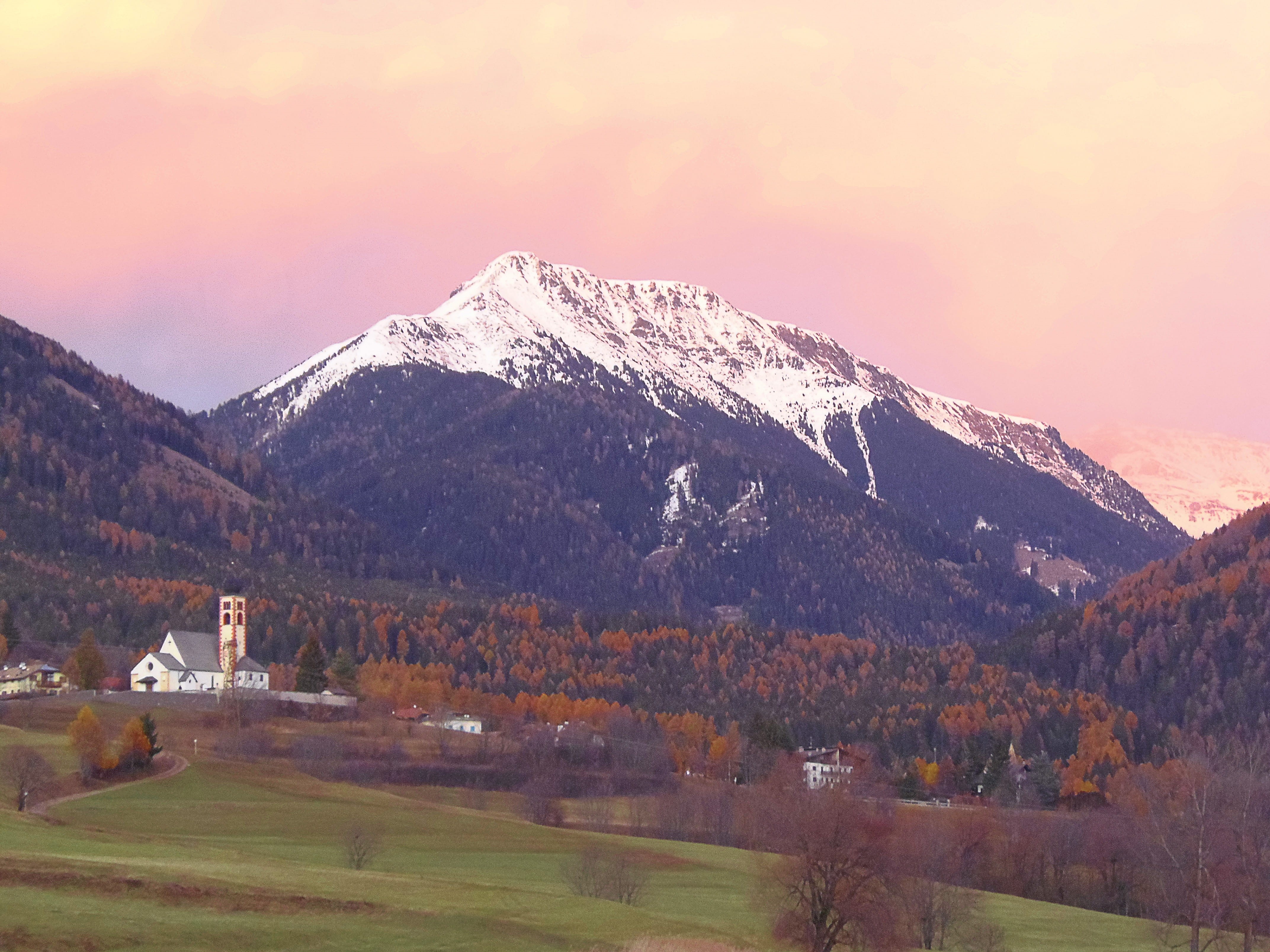 fall, tranquility, fiemme, scenics - nature, mountain, carano, architecture, snow, nature, snowcapped mountain, autumn, winter, outdoors, tree, sunset, HD Wallpaper