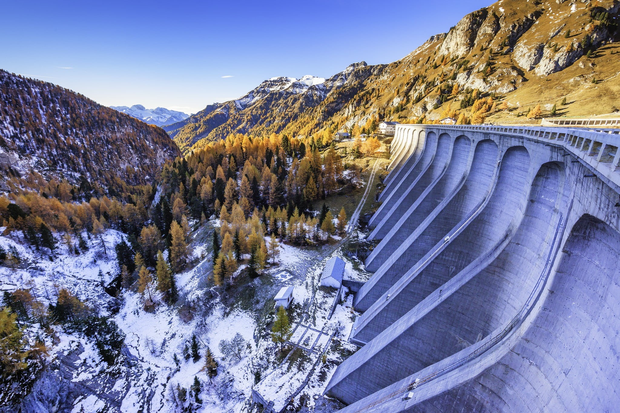 cold temperature, day, sky, snow, mountain, environment, gray, beauty in nature, concrete, Italy, covering, scenics - nature, tranquil scene, Lake dam Fedaia, HD Wallpaper
