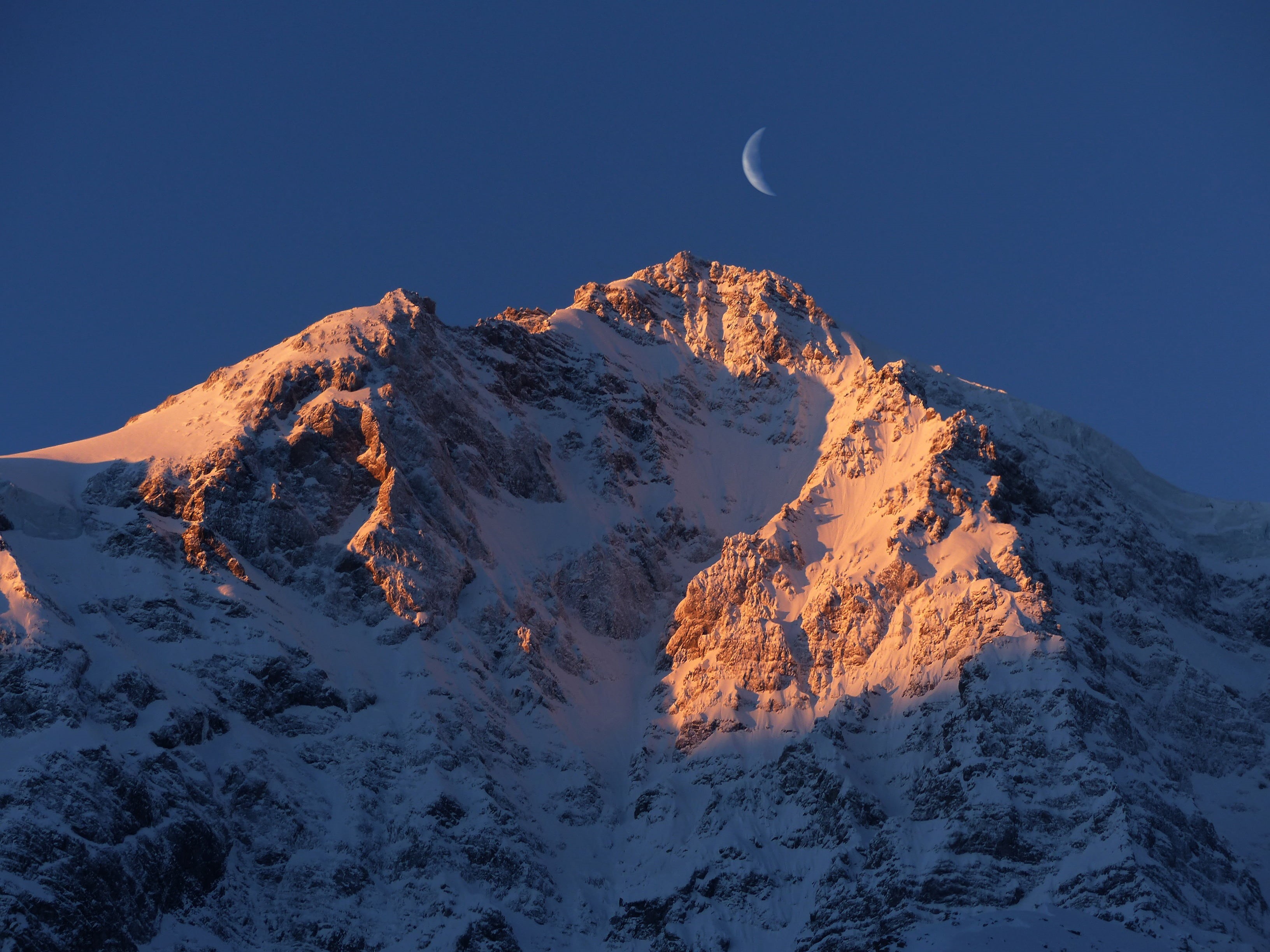 blue, scenics - nature, ortler winter, range, tranquility, beauty in nature, sky, moonlight, black, moon, south tyrol, outdoors, snowcapped mountain, white, HD Wallpaper